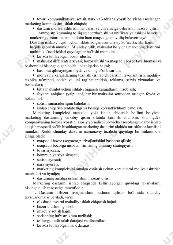 ni aniq bozor holatiga to’g’ri kelish). yillik nazorat (rejadagi tadbirlar va xarajatlarning bajarilishi), foyda olish darajasi nazorati. korxonaning rivojlanish maqsadlarini aniqlashda eng avvalo uning ichki imkoniyatlarini hisobga olib, qaysi sohada sotishning o’sishi orqalimi yoki bozorda o’z ulushini ko’paytirish, obrusini ko’tarish yo’li bilan erishiladimi kabi savollarga javob izlanadi. korxonaning rivojlanish maqsadlari marketing tajribasiga ko’ra bir necha yo’nalishlar orqali amalga oshirilishi mumkin: birinchidan, yekstensiv rivojlanish, ya’ni egallangan bozorda (bozor segmentida) ishlab chiqarilayotgan tovarni sotish hajmini ko’paytirish orqali daromadni oshirish; ikkinchidan, intensiv rivojlanish, bu yo’l bilan yekstensiv imkoniyatlar tugagach, yangi bozorlarga chiqish yoki segmentlarni kengaytirish yoki bozorga yangi modifikatsiyali tovar taklif etiladi. uchinchidan, integratsiyalashgan rivojlanish orqali sotish korxonalar bilan hamkorlikda ular resurslaridan foydalanib, daromadni ko’paytirish, to’rtinchidan, diversifikatsiya yo’li bilan, ya’ni korxona o’z marketing faoliyati doirasida qo’shimcha xom-ashyoni, tovarni, texnologiyani, iste’molchilarni o’zlashtirish orqali raqobatbardoshligini oshirishga va foydani ko’proq olishga erishadi. marketing strategiyasi - maqsadga erishish uchun qanday harakat qilish kerak? - degan savolga javob …