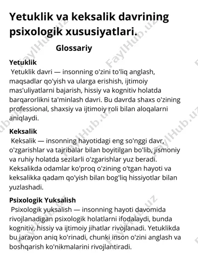 yetuklik va keksalik davrining psixologik xususiyatlari — PDF