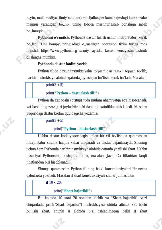 idan: 1 2 if 10 < 20: print("shart bajarildi") bu holatda 10 soni 20 sonidan kichik va "shart bajarildi" so’zi chiqariladi. print("shart bajarildi") instruktsiyasi oldida albatta xat boshi bo’lishi shart, chunki u alohida o’zi ishlatilmagan balki if shart http://www.python.org/ konstruktsiyasining qismi sifatida qo’llanilgan. odatda xat boshi 4 ga karrali probellar soni (4, 8,12) bilan yozish kelishilgan, lekin probellar soni 5 va undan ortiq bo’lsa ham dastur ishlaydi. registrga sezuvchanlik. python – registrga sezuvchan til hisoblanadi. shuning uchun print, print yoki print ifodalar turli ifodalarni anglatadi. agarda print berilganlarni chiqarish ifodasi o’rniga print ishlatilsa xatolik yuz berganligini ifodalovchi “ name „print‟ is not defined” shaklidagi xabar chiqadi. kommentariyalar (izohlar). pythonda u yoki bu dastur kodlari qismlari nima ish qilishini qayd qilib ketish uchun izohlardan foydalaniladi. interpretator dasturni baytkodga tarjima qilayotganda yoki bajarayotganda izohlarni e`tiborsiz qoldiradi. shuning uchun izohga olingan berilganlar dastur ishlashiga hech qanday ta`sir ko’rsatmaydi. python dasturlash tilida izoh qo’yish …