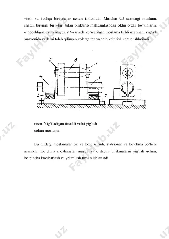 h uchun qisish qurilmalar yuritmalari mexanizatsiyalashgan bo’lishi kerak. maxsulot yoki uni birikmalari magnitlanib qolishi sababli yig’ish moslamalarida magnit plitalarni ishlatish tavsiya etilmaydi. kichik kuchlar bilan qisish talab etilsa vakuumli, katta kuchlarda esa prujinali qisish mexanizmlari ishlatilgani afzal. qisish kuchlari qiymatini topish uchun yig’ish jarayonining sharoitlarini bilish kerak. masalan yelim bilan biriktirganda birikuvchi detallarni 1,2 …2n kuchi bilan bosib turish kerak. kavsharlashda qisish kuchi detallarni mustahkam fiksatsiyalanish shartiga to’g’ri kelishi kerak. umuman bu kuchlarni aniqlash uslubiyoti dastgoh moslamalardagi aniqlanishdan farq qilmaydi. lekin aniqlangan qisish kuchi, bazaviy detalni ruxsat qilingan deformatsiyalanishi shartidan topilgan kuchdan katta bulmasligi kerak. yig’ish moslamalarni yordamchi elementlari qatoriga burish va bo’lish mexanizmlari, fiksatorlar, surib chiqaruvchi va boshqa elementlar kiradi. 3. yig’ish moslamalarni loyixalash yig’ish moslamalarni loyxalashni tartibi moslamalarni loyixalash boskichlari bilan bir xil boskichlardan tashkil topadi. lekin yig’ish jarayonining o’ziga xos xususiyatini e’tiborga olinishi kerak. birikmani aniq yig’ilishini ta’minlash uchun birikuvchi detallar bir biriga nisbatan markazlashtiruvchi element bo’yicha …