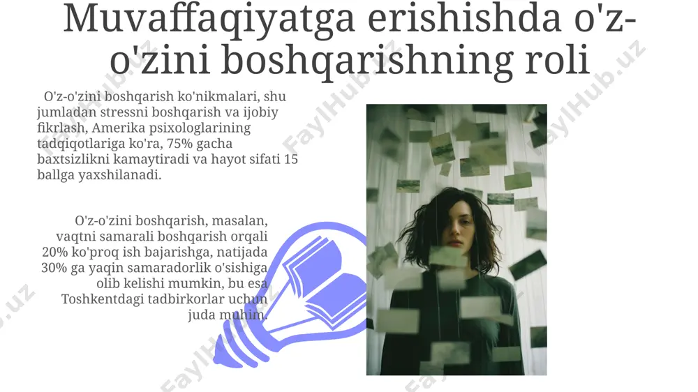 arajasini 30% ga kamaytirishga yordam beradi, bu esa sog'liqni saqlash va umumiy farovonlikni yaxshilashga hissa qo'shadi. bu 2023-yilgi tadqiqot natijalariga ko'ra tasdiqlanadi. o'zbekistondagi 500 nafar talaba o'rtasida o'tkazilgan so'rovnoma shuni ko'rsatdiki, 70%i o'z-o'zini boshqarish ko'nikmalarini yaxshilash uchun maqsadli treninglarni orzu qiladi va bu ularning akademik muvaffaqiyatlariga ijobiy ta'sir ko'rsatishi mumkin. e'tiboringiz uchun rahmat @taqdimot_robot image4.jpg image5.jpg image6.jpg image7.jpg image8.jpg image9.jpg image10.jpg image11.jpg image1.jpeg image2.jpeg image3.jpeg