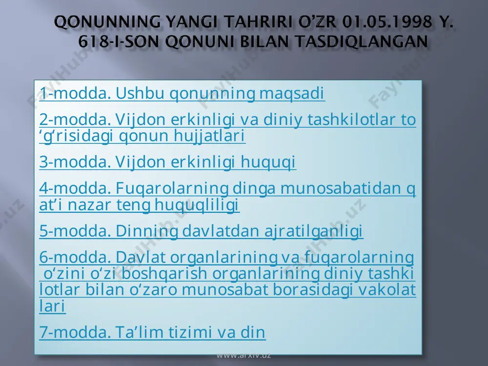 arda qatnashish yoki qatnashmaslikka, diniy ta’lim olishga o‘z munosabatini belgilayotgan paytda uni u yoki bu tarzda majbur etishga yo‘l qo‘yilmaydi. voyaga yetmagan bolalarni diniy tashkilotlarga jalb etish, shuningdek ularning ixtiyoriga, ota-onalari yoki ularning o‘rnini bosuvchi shaxslar ixtiyoriga zid tarzda dinga o‘qitishga yo‘l qo‘yilmaydi. dinga e’tiqod qilish yoki o‘zga e’tiqodlar erkinligi milliy xavfsizlikni va jamoat tartibini, boshqa fuqarolarning hayoti, salomatligi, axloqi, huquqi va erkinliklarini ta’minlash uchun zarur bo‘lgan darajadagina cheklanishi mumkin. chet el fuqarolari va fuqaroligi bo‘lmagan shaxslar o’zbekiston respublikasi fuqarolari bilan teng ravishda vijdon erkinligi va diniy e’tiqod erkinligi huquqidan foydalanadilar hamda vijdon erkinligi va diniy tashkilotlar to‘g‘risidagi qonun hujjatlarini buzganlik uchun qonunda belgilangan tarzda javobgar bo‘ladilar. www.arxiv.uz www.arxiv.uz o’zbekiston respublikasi fuqarolari dinga munosabatidan qat’i nazar qonun oldida tengdirlar. rasmiy hujjatlarda fuqaroning dinga munosabati ko‘rsatilishiga yo‘l qo‘yilmaydi. fuqarolarning dinga munosabatiga qarab ularning huquqlarini har qanday cheklash va ularga bevosita yoki bilvosita imtiyozlar belgilash, dushmanlik va adovat uyg‘otish yoxud ularning diniy …