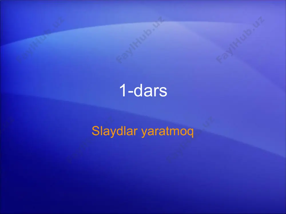 ingizning mavjud taqdimotidagi slaydlarini ishlatish kerak bo‘lib qolishi mumkin. buni qanday bajarish mumkin? yangi slayd qo‘shmoqchi bo‘lganingiz singari “uy” ilovasining “slayd yaratmoq” tugmasining yonidagi milni bosing va birinchi bo‘lib unga maket tanlang. maketlar galereyasining tagida “slaydlarni qayta ishlatmoq”ni bosing. uy slayd yaratmoq belgilangan slaydlarni takrorlamoq tuzilmadagi slaydlar slaydlarni qayta ishlatmoq slaydlarni qayta ishlatmoq slaydlarni quyidagidan kiritmoq: c:\presenations... ko‘rib chiqmoq 19 slaydlarni boshqa taqdimotdan qo‘shish namoyishingizning mavjud taqdimotidagi slaydlarini ishlatish kerak bo‘lib qolishi mumkin. buni qanday bajarish mumkin? sizga kerakli slaydlarga ega taqdimotni yoki slaydlar kutubxonasini topish uchun “slaydlarni qayta ishlatmoq” vazifalar panelidagi “quyidagidan slayd qo‘shmoq”ning tagida “ko‘rib chiqish”ni tanlang. so‘ng vazifalar panelida o‘sha slaydlarni ochish uchun milni bosing. uy slayd yaratmoq belgilangan slaydlarni takrorlamoq tuzilmadagi slaydlar slaydlarni qayta ishlatmoq slaydlarni qayta ishlatmoq slaydlarni quyidagidan kiritmoq: c:\presenations... ko‘rib chiqmoq 20 slaydlarni boshqa taqdimotdan qo‘shish namoyishingizning mavjud taqdimotidagi slaydlarini ishlatish kerak bo‘lib qolishi mumkin. buni qanday bajarish mumkin? kerakli slaydni topganingizdan so‘ng, …