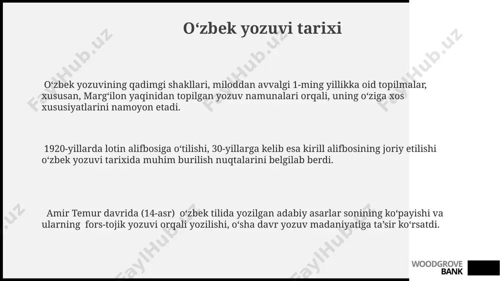 iq kishi tomonidan so'zlashuv tili sifatida qo'llaniladi, shu bilan birga, jahon miqyosida o'rganilmoqda. yangi oʻzbek adabiy tili 20-asrning boshlarida, taxminan 1920-yillarda, turkistonning turli hududlarida, jumladan toshkent va samarqandda, qoliplasha boshlagan va lotin yozuviga asoslangan. 1940-yillardan boshlab kirill alifbosiga oʻtish yangi oʻzbek adabiy tilining rivojlanishiga sezilarli taʼsir koʻrsatdi, leksik boylikni kengaytirish va grammatik qoidalarni takomillashtirishga olib keldi. woodgrove bank e'tiboringiz uchun rahmat @taqdimot_robot woodgrove bank