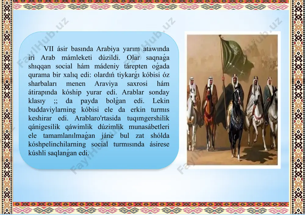 lıǵı háreketi qollap -quwatlanmadi. ol jáne onıń tárepdarları quwǵınǵa ushırasıp efiopiyalıiston arqaınan panoh tabıwǵa urındı. hayalı xadicha hám xoshimiy qáwimi jetekshileri opatınan keyin muhammad turmısı salmaqlilesip madinaga ketiwge májbúr boldı. onda anası tárepinen aǵayın qáwimler jasaw eter hám zúráátli jerleri sebepli óz-ara jánjeller bolıp turǵan edi. muhammad bul iste betaraf arbitr bolıwǵa razı boldı, hám de óz tárepdarların makkadan madinaga kóshira basladı. musulman musılmansha jıl esabı kalendarı áyne sol dáwirden (622 jıl 15 iyul) qollanıla baslanǵan. muxojir muhammad jańa birlespe jetekshisi bolıp qaldı. bay sawdager abu bakr ózinińo'n jaslı qızı oyishani ellik jasqa tolǵan muhammadqa turmısqa beredi. muhammad opatınan keyin (632 jıl ) onıń tárepinen dúzilgen birlespe arab qáwimlerin birlestiruvchi taǵı úlken orayǵa aylandı. madinadagi bul birlespe basında allanıń noyiblari, xalifalar turar edi. sunniy islamdaǵı mektepler degi musulmanlarda tiykarlanıp dáslepki tórt xalifa bólek áhmiyetke iye. bular - abu bakr ( 632 - 634 ), umar (634-644), usmon (644-656 ) hám …