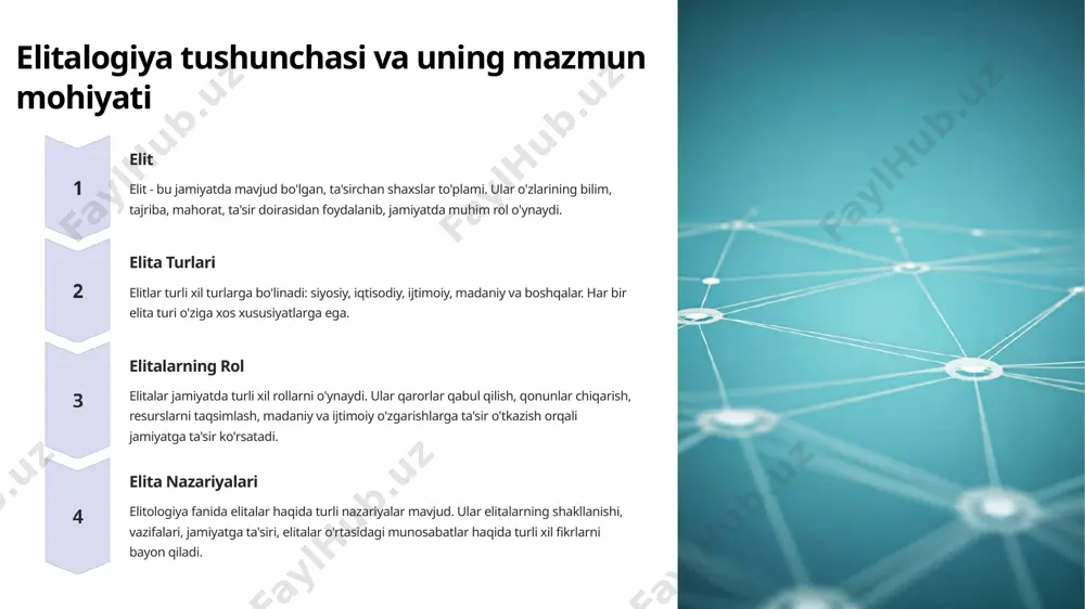 - rivojlandi. 3 zamonaviy elitologiya fanining rivojlanishi zamonaviy dunyodagi elitalarning o'zgarishi, globallashuv, siyosiy va iqtisodiy tizimlarning o'zgarishi bilan chambarchas bog'liq. hozirgi kunda elitologiya fanining dolzarbligi tobora ortib bormoqda. 8 elitalar o'rtasidagi munosabatlar va ularga ta'sir etuvchi omillar o'zaro hamkorlik elitlar o'rtasida o'zaro hamkorlik, bir-birlarini qo'llab-quvvatlash holatlari ham uchraydi. masalan, siyosiy elitalar o'z faoliyatlarini amalga oshirishda iqtisodiy elitalar bilan hamkorlik qilishi mumkin. to'qnashuv elitlar o'rtasida to'qnashuvlar ham bo'lishi mumkin. bu qarama-qarshiliklar turli xil sabablarga ko'ra paydo bo'lishi mumkin: manfaatlar to'qnashuvi, qarashlar farqi, hokimiyat uchun kurash va boshqalar. ta'sir elitlar bir-birlariga ta'sir o'tkazishga harakat qiladi. bu ta'sir siyosiy, iqtisodiy, ijtimoiy va madaniy jihatlarni qamrab olishi mumkin. elitalar o'z ta'sir doirasidan foydalanib, jamiyatdagi jarayonlarni boshqarishga harakat qilishadi. 9 elitologiya fanining siyosatshunoslikdagi ahamiyati 1 siyosiy qarorlar elitologiya fanining ma'lumotlari siyosiy qarorlar qabul qilishda yordam beradi. elitalarning xususiyatlari, ularning manfaatlari, qarashlari va qabul qilingan qarorlarga ta'siri siyosatshunoslikda muhim o'rin tutadi. 2 siyosiy jarayonlar elitologiya fanining …