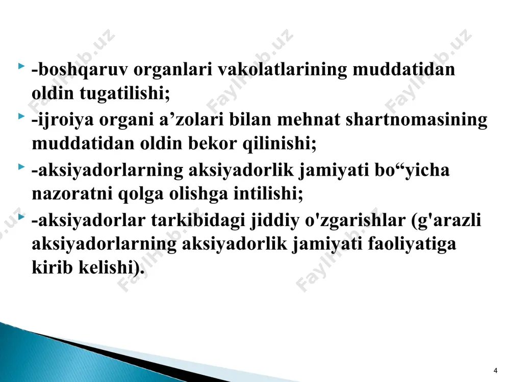 abi noqonuniy faoliyatga kirib qolishining oldini olish; - kompaniya faoliyati uchun asosiy daromad manbalari bolgan faoliyatning maksimal daromadlilikka yetkazilishini ta’minlash; - qonunchilik talablariga asosan har chorakda kompaniya kuzatuv kengashiga hisobotlar berish; kompaniya ustavi va ichki hujjatlariga muvofiq ichki nazoratni joriy qilish; qonunchilikda belgilangan yirik bitimlar, alohida yoki o‘zaro bogliq bo'lgan birgalikdagi summasi belgilangan miqdordan oshuvchi bitimlami vakolatidan kelib chiqib kompaniya kuzatuv kengashi va aksiyadorlarning umumiy yigilishi qarori asosida amalga oshirish; nazorat organlari tomonidan barcha yirik va affillangan shaxslar bilan amalga oshirilgan bitimlami doim^y o'rganib borilishini ta’minlash va nazorat qilish; qonunchilikda belgilangan hollarda va zaruriyat tug'ilganda kompaniya kuzatuv kengashi tomonidan qarorlar qabul qilishda aktivlarning bahosini aniqlash uchun mustaqil ekspertlami jalb qilish; * - affillangan shaxslar hisobini yuritish; - kompaniyaning vakolatli organining oldindan roziligisiz affillangan shaxslar bilan bitimlar tuzmaslik; - yuqori organ ruxsatisiz boshqa tashkilotlar boshqaruv va nazorat organlariga kirmaslik (a’zo bolmaslik); - kompaniyaning axborot siyosati va qonunchilik talablariga muvofiq kompaniya faoliyati …