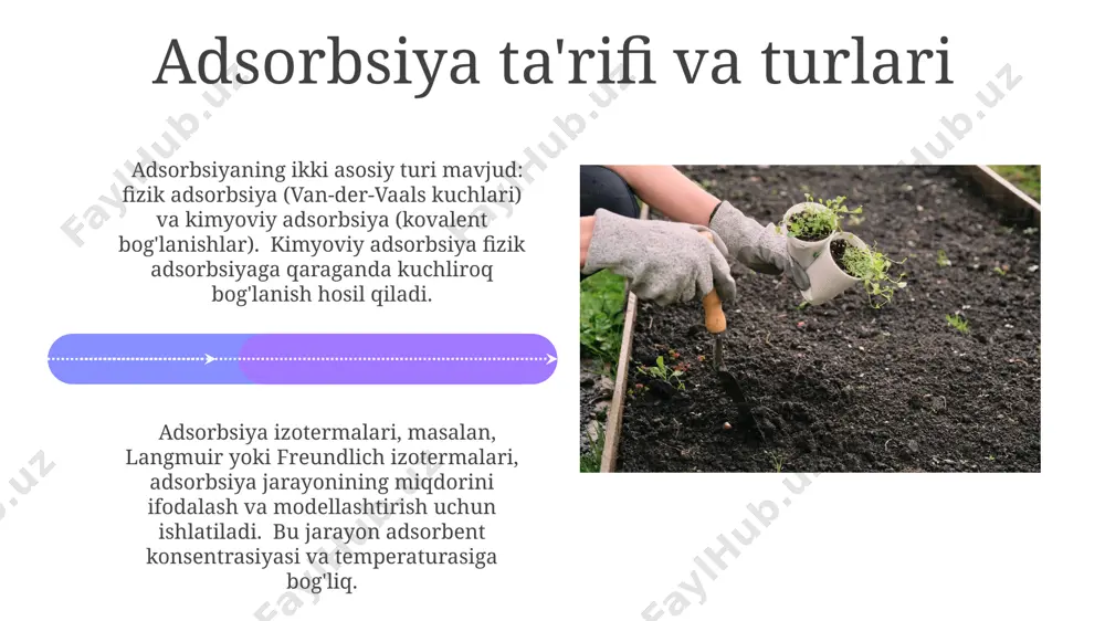 llarda bu birikmalar toksik bo'lishi mumkin. tuproq havosi tarkibida 20% gacha bo'lgan gazlar, masalan, karbonat angidrid, adsorbsiya jarayonida tuproq zarrachalariga yopishib, o'simliklarning o'sishi va rivojlanishiga ta'sir ko'rsatadi. mineral moddalarning adsorbsiyasi temir va alyuminiy oksidlari kabi amorf minerallar, ph darajasiga bogʻliq holda, fosfat anionlarini (po43−) oʻziga adsorbsiya qilib, oʻsimliklar uchun fosfor oziqlanishini taʼminlaydi, bu jarayon ph 5-7 oraligʻida eng samarali boʻladi. tuproq minerallari, masalan, montmorillonit kabi 2:1 tipdagi fillosilikatlar, yuqori sirt maydoniga ega boʻlib, kationlarni, xususan, ca2+, k+, mg2+ kabi oziq moddalarni yuqori darajada adsorbsiya qiladi. adsorbentlarning turlari va xususiyatlari sintetik zeolitlar, turli diametrdagi (3-10 å) porlarga ega bo'lib, ion almashinuvi va selektiv adsorbsiya jarayonlarida yuqori samaradorlik ko'rsatadi. tabiiy minerallar, masalan, montmorillonit kabi 2:1 tipli fillosilikatlar, o'zlarining qatlamli tuzilishi tufayli kationlarni selektiv ravishda adsorbsiya qilish xususiyatiga ega. e'tiboringiz uchun rahmat @taqdimot_robot image4.jpg image5.jpg image6.jpg image7.jpg image8.jpg image9.jpg image10.jpg image11.jpg image12.jpg image13.jpg image14.jpg image15.jpg image16.jpg image17.jpg image18.jpg image19.jpg image20.jpg image1.jpeg image2.jpeg image3.jpeg