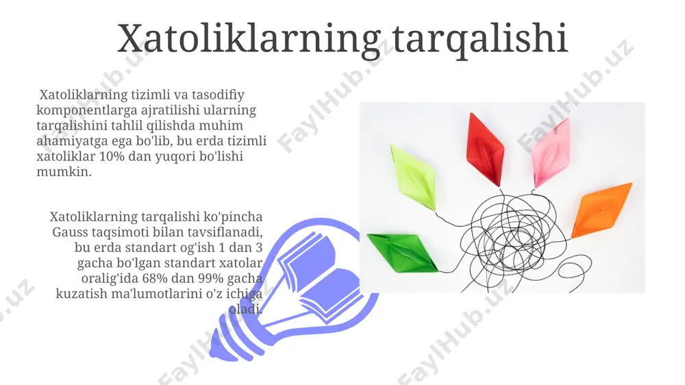 ir, bu esa xatoliklarni 80% ga kamaytirish imkonini beradi. xulosa va tavsiyalar olingan natijalarni 95% ishonch oralig'ida baholash va xatoliklarning tarqalishini chiziqli regressiya yordamida tahlil qilish tavsiya etiladi. xatoliklarni kamaytirish bo'yicha 2 ta yangi usulni sinab ko'rish va ularning samaradorligini o'rtacha kvadrat xatoligi (mse) ko'rsatkichi yordamida baholab, hisobotda keltirish maqsadga muvofiqdir. xatoliklarni baholash usullari ma'lumotlar to'plamining hajmi (n) xatolik chegarasini aniqlashda muhim rol o'ynaydi; n qiymati kattalashganda, ishonch oralig'ining kengligi kamayadi. xatoliklarni baholashda, standart deviatsiyadan foydalanib, o'rtacha kvadrat xato (rmse) qiymati 0.5 dan kam bo'lsa, modelning aniqligi yuqori deb hisoblanadi. tizimli xatolar 01 02 tizimli xatolarni aniqlash uchun kalibrlash va standart namunalarni qo'llash orqali 10 dan ortiq o'lchovlar o'tkazish kerak, natijalarni statistik tahlil qilish orqali aniqlanadi. sales 1st qtr 2nd qtr 100 0 sales 1st qtr 2nd qtr 100 0 o'lchov vositalarining aniqligi ko'pgina o'lchov vositalarida aniqlik sinflari mavjud (1-sinf, 2-sinf, va hokazo), bu ularning o'lchash xatoliklari darajasini ko'rsatadi; 1-sinf …