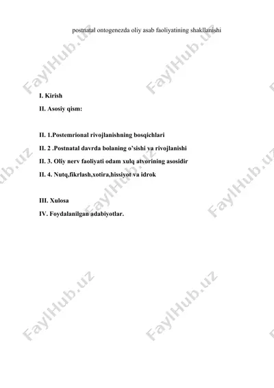 postatall ontogenezda oliy asab foliyatining shakilanish — DOCX