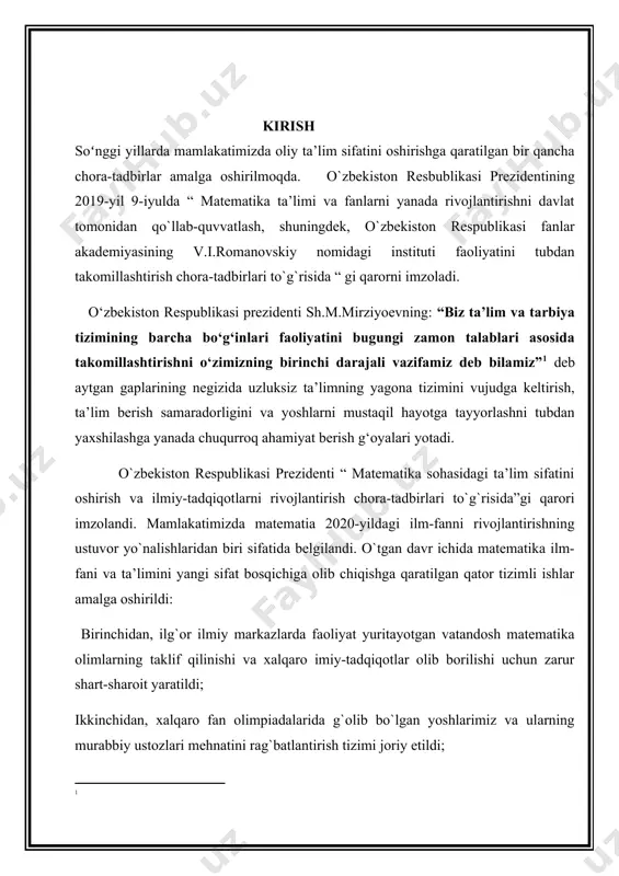 irasiga kiradi. ushbu vazifalarni bajarish mavjud pedagogik jarayonlarni takomillashtirishni, uni hozirgi zamon oʻquvchi va talablariga mos rivojlantirishni, xususan oliy pedagogik ta’lim paradigmasini zamonaviy pedagogik va axborot texnologiyalarini oʻzlashtirishga, pedagogika oliy ta’lim muassasalarida kasbiy tayyorgarligi yuqori boʻlgan pedagog kadrlarni tayyorlashga yoʻnaltirishni taqozo etadi. ta’limni isloh qilish, yangi mazmundagi va zamon talabiga javob beradigan oʻquv adabiyotlar, qoʻllanmalarni yaratish va ilgʻor pedagogik texnologiyalarni joriy etishni taqozo etadi. ta’lim tizimidagi kamchiliklar, shu jumladan, matematika fanida ham oʻqitish uslubiyotini chetlab oʻtmaydi. har bitta fanga alohida e’tibor berish, har bir mavzuni o`qitishda ma’suliyatli bo`lish o`qituvchining eng oliy maqsadi hisoblanadi. bizga ma’lumki matematika fani juda qiziqarli va shu bilan birga murakkab fan bo`lib ham hisoblanadi. ma’lumki differensial tenglamada nima uchun kerak, nima maqsadlarda foydalaniladi, uning yechimlari qanday topiladi, kabi masalalar qaraladi. ushbu fikrlar tanlangan mavzu n-tartibli difrensial tenglamalar qanchalik darajada dolzarb ekanligini koʻrsatadi. kurs ishining obyekti. oliy ta’lim muassasalarida differensial tenglamani oʻqitish jarayoni. kurs ishining predmeti. oliy …