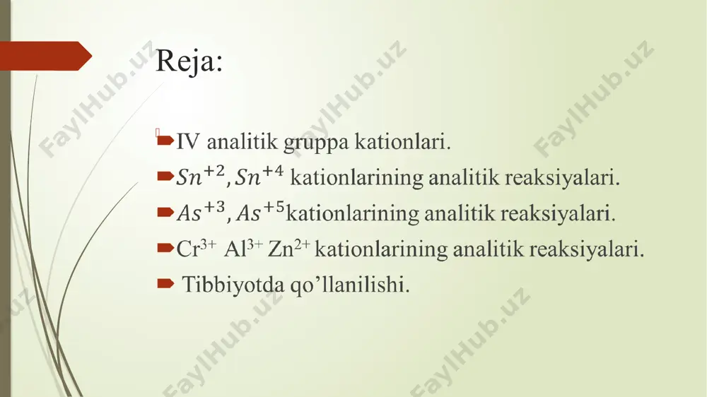 ), mishyak (v), palladiy (ii), talliy (iii), oltin (iii), germaniy (iv), reniy (iv), iridiy (iv), platina (iv) va boshqa kationlar kiradi. ular ph=0,5 bo'lganda gruppa reagenti - vodorod sulfid ta’siridan sulfidlar va polisulfidlar shaklida cho'kadi. to'rtinchi gruppa kationlari iii gruppa kationlaridan sulfidlarining ph=0,5 bo'lgan sharoitda suvda erimasligi bilan farqlanadi. bu gruppa kationlarining sulfidlari suyultirilgan kislotalar, jumladan, 0,3 n hcl eritmalarida erimaydi. gruppa kationlarini sulfidlar va polisulfidlar hosil qilishiga qarab ikki gruppaga bo'lish mumkin: birinchi gruppachaga , , , , , va boshqalar, ikkinchi gruppachaga , , , , , , , , , , va boshqalar)ni kiritish mumkin. birinchi gruppacha sulfidlarini tashkil etgan kationlarda asoslik xossalari kuchliroq bo'lganligidan ular ishqorlar, ammoniy sulfid va ammoniy polisulfidda erimaydi. ikkinchi gruppacha kationlarining polisulfidlari tegishli kationlarning kislotalik xossalari tufayli ishqorlar, ammoniy yoki natriy sulfid, ammoniy yoki natriy polisulfidda eriydi. ba’zan birinchi gruppacha kationlariga ko'p jihatdan yaqinligi va xlorid kislota muhitida sulfidlar shaklida cho'kadigan ,, …