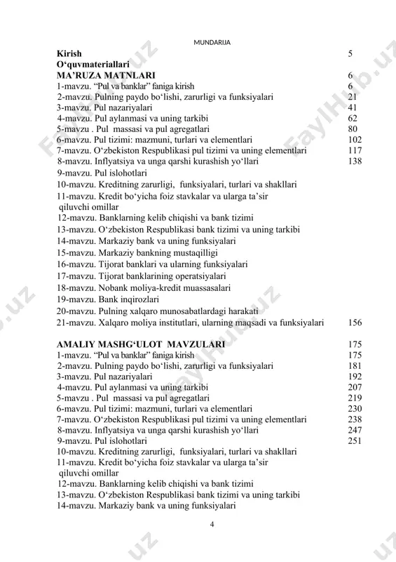 sepsiya va modellar, tamoyillar, yondashuv, usul, uslub, yo‘sinlar va shu kabi boshqa atributlarni tizimli va kompleks ravishda mujassamlashtiruvchi ilmiy-nazariy va metodologik asoslar uzviylik va uzluksizlik tamoyillari nuqtai-nazaridan mantiqiy ketma-ketlikda o‘z aksini topgan. pul va banklar kursi iqtisod va moliya yo‘nalishlar uchun eng asosiy tayanch fanlardan biri sanaladi. kursni o‘rganish jarayonida pul munosabatlarini iqtisodiy asoslash, kredit va to‘lov tizimining tashkiliy va iqtisodiy asosi, bank faoliyati bo‘yicha qarorlarni iqtisodiy va tashkiliy o‘rganishning ilg‘or shakllari va usullarini ishlab chiqish, bank faoliyatini tartibga soluvchi iqtisodiy me’yorlar hisob-kitobi, ularni baholash, tashkil qilish va takliflar ishlab chiqishda muhim rol o‘ynaydi. shunga ko‘ra, bank ishi faoliyatida ish yuritadigan mutaxassislarga alohida talablar qo‘yiladi. bu fan asosiy ixtisoslik fanlarining tayanchi hisoblanib, iqtisodiyot bo‘g‘inining ajralmas qismi hisoblangan bank tizimi va iqtisod sohasiga kadrlar yetkazib berishda muhim rol o‘ynaydi. oʻquv materiallari ma’ruza matnlari 1-mavzu. “pul va banklar” faniga kirish reja: 1.1. pul va banklar fanining maqsadi, predmeti va vazifalari. 1.2. iqtisodiyotda …