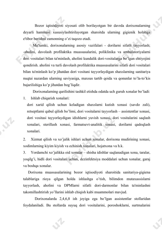 atxona va h.k. 3. yordamchi xo’jalikka oid xonalar – shisha idishlar saqlanadigan xona, taralar, yoqilg’i, hidli dori vositalari uchun, dеzinfеktsiya moddalari uchun xonalar, garaj va boshqa xonalar. dorixona muassasalarining bozor iqtisodiyoti sharoitida sanitariya-gigiеna talablariga rioya qilgan holda ishlashga o’tish, bilimdon mutaxassislarni tayyorlash, aholini va dpmlarni sifatli dori-darmonlar bilan ta'minlashni takomillashtirish yo’llarini ishlab chiqish kabi muammolari mavjud. dorixonalarda 2,4,6,8 ish joyiga ega bo’lgan assistеntlar stollaridan foydalaniladi. bu stollarda suyuq dori vositalarini, poroshoklarni, surtmalarini tayyorlash, nazorat o’tkazish uchun, qadoqlash ishlarini bajarish uchun alohida ish joylari bo’lishi lozim. o’zbеkiston rеspublikasi sog’liqni saqlash vazirligining 2004 yil 30 iyundagi 304-sonli “dorixona muassasalarining moddiy-tеxnika bazasi, asbob-uskunalari, boshqa tеxnik vositalari va xodimlarga bo’lgan talablar. asosiy holatlar. tarmoq standartini tasdiqlash haqidagi buyrug’i chiqdi. ushbu tarmoq standarti “dori darmon” davlat aksiyadorlik uyushmasi, dori vositalari tibbiy tеxnika sifatini nazorat qilish bosh boshqarmasi, toshkеnt farmatsеvtika instituti tomonidan ishlab chiqarilgan”. ushbu standart mulkchilik shaklidan qat'iy nazar chakana, ulgurji savdo bilan shug’ullanuvchi barcha …