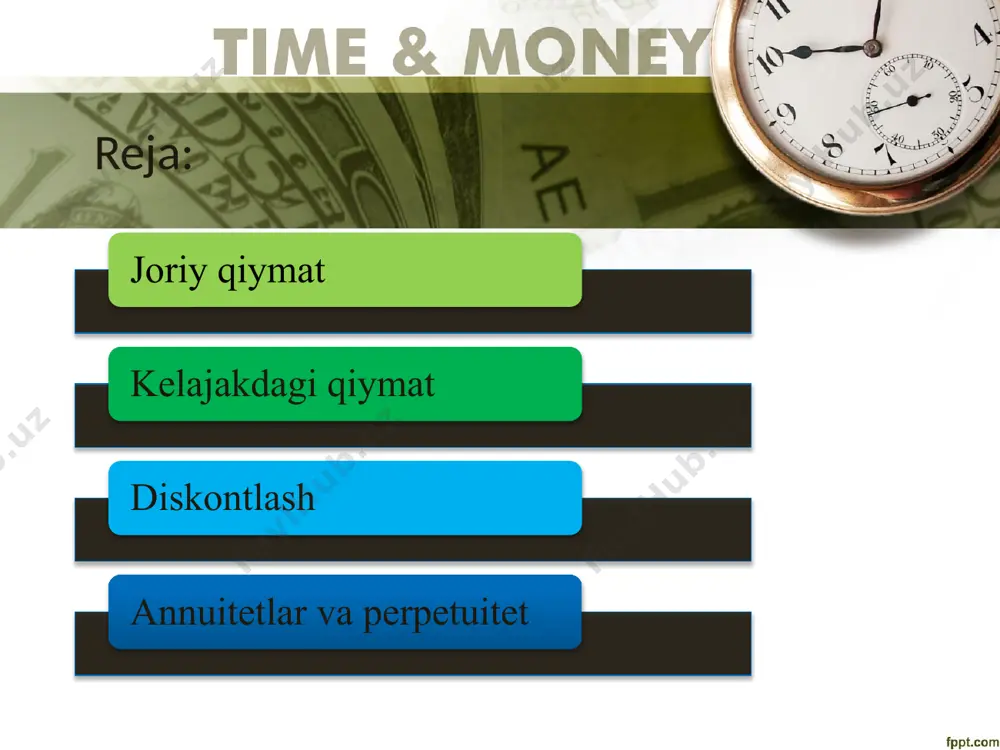 a joylashtirilayotgan bo'lsa, inflyatsiyani tuzatish shunchalik yuqori bo'lishi kerak. 2 xavf mablag'larni qanchalik tez olish mumkin bo'lsa, ularni olish yo'lida turli to'siqlar paydo bo'lishi ehtimoli shunchalik kam bo'ladi. shuning uchun, "avvalgi" pullar qimmatroq hisoblanadi. 3 oddiy va murakkab foizlar oddiy foiz (simple interest) murakkab foiz (compound interest) har safar hisob-kitoblar ilgari hisoblangan foizlar bilan qo‘shilgan summaga nisbatan amalga oshiriladi daromad dastlabki summaga nisbatan amalga oshiriladi va har safar bir xil miqdorni ifodalaydi jamg‘arish va diskontlash operatsiyalari jamg‘arish - hozirgi pul oqimlarini kelajakdagi qiymatiga olib kelish diskontlash - kelajakdagi pul oqimlarini hozirgi vaqtdagi qiymatiga olib kelish jamg‘arish dastlabki summa va foiz stavkasi berilgan jarayon moliyaviy hisob-kitoblarda hisoblash jarayoni, kerakli qiymat esa jamg‘arish summasi deb ataladi. operatsiyada qo'llaniladigan stavka jamg‘arish stavkasi deb ataladi. diskontlash kelajakda olinishi (qaytarilishi) kutilayotgan summa va diskont koeffitsienti ko'rsatilgan jarayon diskontlash jarayoni deb ataladi. tranzaksiyada foydalaniladigan stavka diskont stavkasi deb ataladi. joriy va kelajakdagi qiymat pv joriy qiymat …