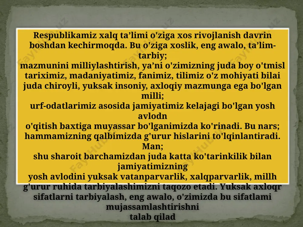-tarbiya jarayonini sinovdan o'tkazish. hikoyaning har qanday xili ushbu didaktik talablarga: 1) tanlangan materialning ilmiyligi va yuqori g'oyaviyligiga; 2) mantiqiy izchillik va isbotlanuvchanligiga; 3) o'quvchilar uchun aniq, ravon va tushunarli bo'lishligiga; 4) o'qituvchi nutqining tasviriy va hisobiy bo'lishligiga javob berishi kerak. tabiatshunoslik va uni o’qitish metodikasi 1. nuriddinova. m.i. tabiatshunoslikni o‘qitish metodikasi. o‘quv qo‘llanma.t., 2005. 2. bahramov.a, sharipov. sh, nabiyeva. m. ―tabiatshunoslik.‖ darsligi 3-sinf. t:.―cho‘lpon‖ nashriyoti. 2016. 3. bahramov a., ―tabiatshunoslik.‖ darsligi 4-sinf. t:. ―sharq‖ nashriyoti 2015. 4. g`ulomov p., mirzaxmatova sh. atrofimizdagi olam 2-sinf. t:. ―cho`lpon nomidagi nashriyot-matbaa ijodiy uyi‖. 2016. 5. grigoryans a. atrofimizdagi olam 1-sinf. t:. ―cho`lpon nomidagi nashriyotmatbaa ijodiy uyi‖. 2012. foydalanilgan adabiyotlar : tabiatshunoslik va uni o’qitish metodikasi e’tiboringiz uchun raxmat ! image3.png image4.jpeg image5.jpeg /docprops/thumbnail.jpeg