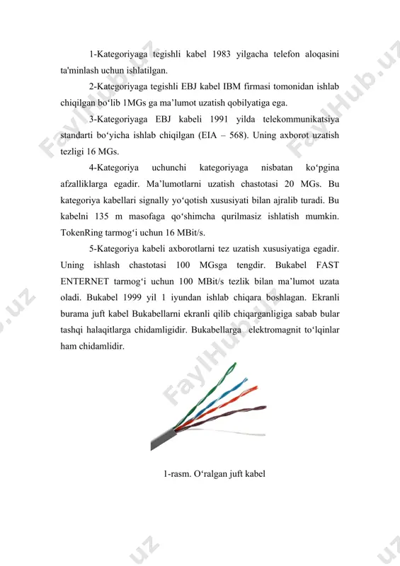 ab bular tashqi halaqitlarga chidamligidir. bukabellarga elektromagnit toʻlqinlar ham chidamlidir. 1-rasm. oʻralgan juft kabel bukabel ibm firmasida ishlab chiqilgan boʻlib standarti boʻyicha 9 ta turga boʻlinadi: ture1, ture2, ... , ture9. 1-turga tegishli kabellarda 2 juft oʻtkazgichdan iboratdir. bukabel ekraniga yerga ulanish moslamasi orqali yerga ulash orqali uni har xil tashqi maydonlardan himoya qilish mumkin. uning toʻlqin tarqatish qarshiligi 1500 om ga teng. bukabellar ya’ni burama juft kabellar arzonligi bilan ajralib turadi. 3. shisha tolali kabel (volokonno-optik kabeli) shisha tolali kabellarni asosiy ma’lumot tashuvchisi yorugʻlik nuridan iborat boʻladi. bu kabellar uzatish turiga qarab 3 ga boʻlinadi. koʻp modali tola pogʻonasimon uzatish koʻp modali asta (plavniy) uzatish bir modali tola bu turlarni koʻrinishi quyidagicha boʻladi. bu kabel orqali ma’lumotlarni uzatish oraligʻi 5 km dan 10 km masofada hech qanday yordamchi qurilmasiz ma’lumotlarni yetkazish mumkin. bitta modali kabellarda ma’lumotlar 100 ggs kilometr tezlikda uzatiladi. bu kabellarni ishlab chiqarish texnologiyasi juda qiyin boʻlgani …