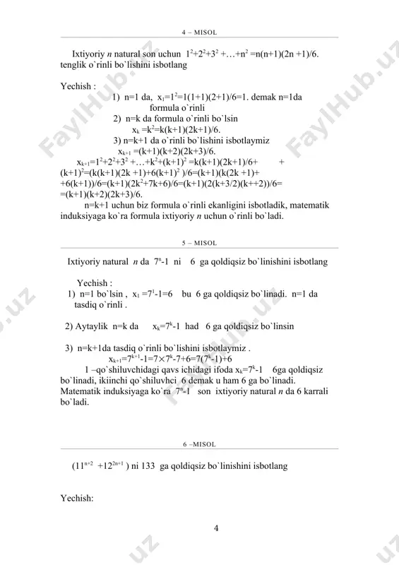 o`rinli bo`lishini isbotlaymiz . xk+1=7k+1-1=7(7k-7+6=7(7k-1)+6 1 –qo`shiluvchidagi qavs ichidagi ifoda xk=7k-1 6ga qoldiqsiz bo`linadi, ikiinchi qo`shiluvhci 6 demak u ham 6 ga bo`linadi. matematik induksiyaga ko`ra 7n-1 son ixtiyoriy natural n da 6 karrali bo`ladi. 6 –misol (11n+2 +122n+1 ) ni 133 ga qoldiqsiz bo`linishini isbotlang yechish: 1) n=1 bo`lsin, u holda 113 +123 =(11+12)(112 -11(12+122 )=23(133. 23(133 soni 133 ga qoldiqsiz bo`linadi, n=1 da tasdiq o`rinli . 2) aytaklik , n=k da (11k+2 +12 2k+1 ) soni 133 ga qoldiqsiz bo`linsin 3) n=k+1 da (11k+3 +122k+3 ) ham 133 ga qoldiqsiz bo`linishini isbotlaymiz . haqiqatan 11k+3+122k+3=11(11k+2+122(122k+1=11(11k+2+(11+133)(122k+1= =11(11k+2+122k+1)+133(122k+1. (11k+2+122k+1) soni 133 ga qoldiqsiz bo`lingani uchun hosil bo`lgan yig`indi ham 133 ga qoldiqsiz bo`linadi. demak, а(k)(а(k+1) o`rinli . matematik induksiya yo`li bilan tasdiq isbotlandi. 7 -misol 33n-1+24n-3 yig`indini 11 ga qoldiqsiz bo`linishini isbotlang yechish : 1) n=1da , x1=33-1+24-3=32+21=11 tasdiq o`rinli 2) faraz qilamiz n=k da xk=33k-1+24k-3 11 ga qoldiqsiz bo`linsin …