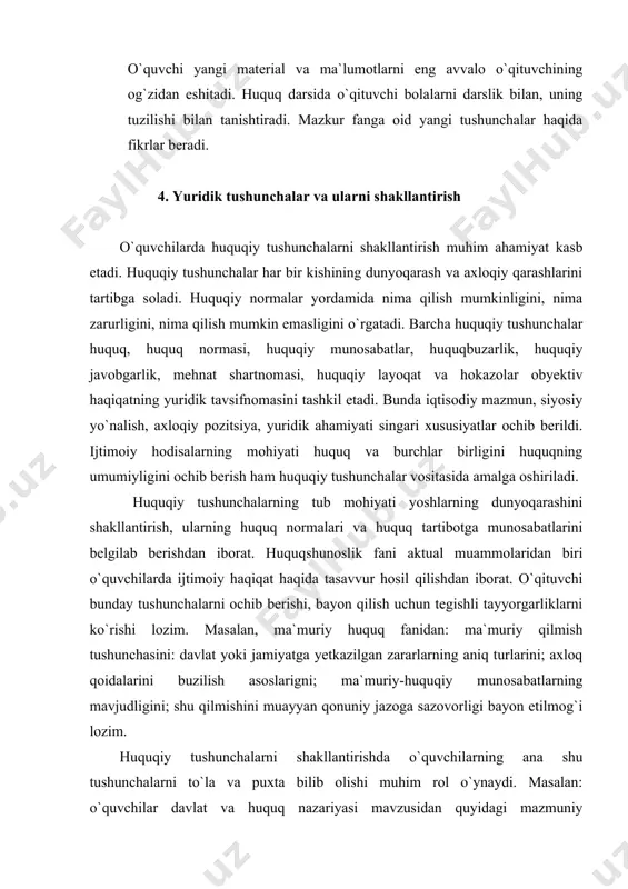 avzusidan quyidagi mazmuniy yo`nalishlarini: davlatda hokimiyatning mavjudligini; hokimiyatni mustahkamlashga qaratilgan qonunlarning ishlab chiqilganligi; davlat o`zining hududiy chegarasiga ega bo`lishi singari xususiyatlarni bilib olishi shart. bunday murakkab huquqiy tushunchalarni shakllantirishda ko`rgazmalar, tadqiqot materiallari katta ahamiyat kasb etadi. masalan, o`qituvchi bunday tushunchalarni aniq shakllantirish uchun jamiyatning ijtimoiy tizimini nima tashkil etadi, davlat hokimiyati kimning qo`lida, qonunlar kimning manfaatini ifodalayapti; davlat qanday maqsadlarni ifodalaydi degan savollarga javob bera oladigan bo`lsin. yuridik tushunchalarni shakllantirish jarayonida o`qituvchi muammoli vaziyatni hosil qilishi kerakki, bu o`quvchilarda katta qiziqish hosil qiladi. yuridik atamalarni shakllantirishda o`quvchilarning ishtirokini ta`minlash o`qituvchining pedagogik mahoratiga bog`liq, chunki u muammoli masalalarni tanlaydi, o`quvchilarni unga jalb etadi va qiziqishlarning faolligini oshiradi. фойдаланилган адабиётлар: 1. и.а.каримов. «ўзбекистоннинг ўз истиқлол ва тараққиёт йўли». – т., «ўзбекистон», 1992. 2. и.а.каримов. «ўзбекистон - келажаги буюк давлат». - т., «ўзбекистон», 1992. 3. и.а.каримов. «буюк келажагимизнинг ҳуқуқий кафолати». - т., «ўзбекистон», 1993. 4. и.а.каримов. «биздан озод ва обод ватан қолсин!». – …