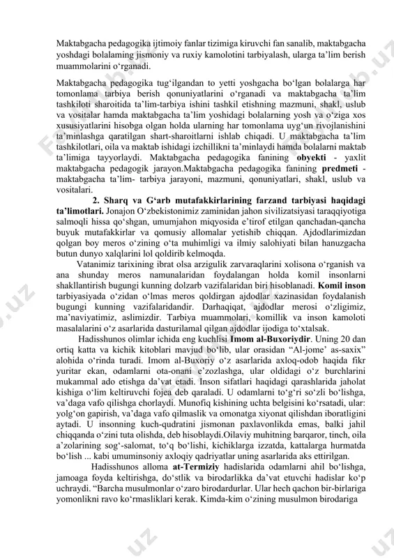 va musiqa san'ati, kompyuter savodxonligini o‘rgatuvchi guruhlar soni kundan-kunga ko‘payib bormoqda. «ta’lim to‘g‘risida»gi qonunning 8-moddasi maktabgacha ta’lim va tarbiyaga bag‘ishlanadi. maktabgacha ta’lim va tarbiya bolalarni o‘qitish va tarbiyalashga, ularni intellektual, ma’naviy-axloqiy, etik, estetik va jismoniy jihatdan rivojlantirishga, shuningdek bolalarni umumiy o‘rta ta’limga tayyorlashga qaratilgan ta’lim turidir. maktabgacha ta’lim va tarbiya olti yoshdan yetti yoshgacha bo‘lgan bolalarni boshlang‘ich ta’limga bir yillik majburiy tayyorlashni ham nazarda tutadi. maktabgacha ta’lim va tarbiyani tashkil etish tartibi ushbu qonun, shuningdek “maktabgacha ta’lim va tarbiya to‘g‘risida”gi o‘zbekiston respublikasi qonuni bilan belgilanadi. o‘zbekiston respublikasi prezidentining 2017 yil 30 sentyabrdagi pq-3305-son «o‘zbekiston respublikasi maktabgacha ta’lim vazirligi faoliyatini tashkil etish to‘g‘risida»gi qarori hamda o‘zbekiston respublikasi prezidentining 2016 yil 29 dekabrdagi pq-2707-son «2017-2021 yillarda maktabgacha ta’lim tizimini yanada takomillashtirish chora-tadbirlari to‘g‘risida»gi qaroriga muvofiq o‘zbekiston respublikasining maktabgacha ta’lim va tarbiyaning davlat standartini tasdiqlash to‘g‘risidagi qarorlarda ham belgilangan. bola tug‘ilgan kundan boshlab, uni maktabga borgunga qadar bo‘lgan davrda har tomonlama yetuk barkamol …