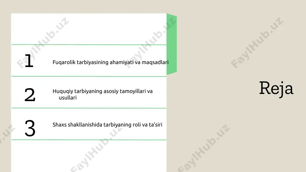 uquqlari va manfaatlarini himoya qilishga undaydi. bu, shuningdek, jamiyatda o'zgarish yaratish va ijtimoiy adolatni ta'minlash uchun muhimdir. demokratik qadriyatlarni o'zlashtirish demokratik qadriyatlarni o'zlashtirish fuqarolarni erkinlik, tenglik va adolat tamoyillariga amal qilishga chorlaydi. bu jarayon, jamiyatda demokratik muhitni rivojlantirishda muhim rol o'ynaydi. title: fuqarolik va huquqiy tarbiyaning shaxs shakllanishidagi roli subtitle: fuqarolik tarbiyasining ijtimoiy ahamiyati paragraph 1: fuqarolik tarbiyasi shaxsning jamiyatda o'z o'rnini anglashiga yordam beradi. bu jarayon orqali fuqarolar o'z huquqlari va majburiyatlarini bilib oladilar, shuningdek, jamiyatda faol ishtirok etishning ahamiyatini tushunadilar. fuqarolik tarbiyasi ijtimoiy ongni rivojlantiradi va jamiyatda barqarorlikni ta'minlashga xizmat qiladi. paragraph 2: fuqarolik tarbiyasi ijtimoiy barqarorlikni ta'minlashga muhim ta'sir ko'rsatadi. bu ta'lim orqali fuqarolar o'zaro hurmat, tenglik va adolat tamoyillarini o'zlashtiradilar, bu esa ijtimoiy ziddiyatlarning kamayishiga olib keladi. shu orqali jamiyatda tinchlik va barqarorlikni saqlash imkoniyati oshadi. paragraph 3: fuqarolik tarbiyasi tenglik va adolatni ta'minlashda muhim rol o'ynaydi. fuqarolar o'z huquqlarini bilishlari va ularni himoya qilishlari natijasida, …