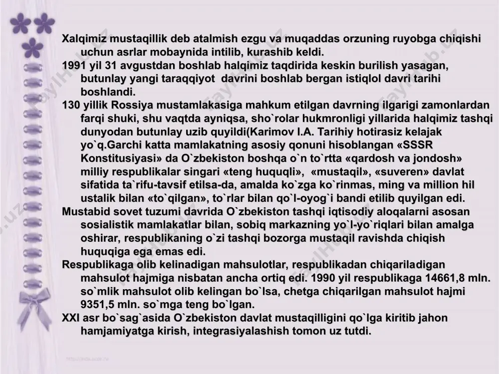 y qirg`in qurollarini yo`qotish, suveren davlatlar o`rtаsidagi nizo va ziddiyatlarni hal etishda kuch ishlatish va tazyiqqa yo`l qo`ymaslikdan iborat». o`zbekiston respublikasi konstitusiyasining 17-moddasida mamlakatimiz tashqi siyosat qoidalari qonunlashtirildi va u jahondagi ko`plab mamlakatlar bilan hamkorlik jarayonlari ortga qaytmasligining huquqiy kafoloti bo`lib hizmat qilmoqda. o`zbekistonni halqaro huquq sub`ekti sifatida belgilaydigan, respublikaning tashqi siyosiy va tashqi iqtisodiy aloqalarini tartibga soladigan qonunlar qabul qilindi. «o`zbekiston respublikasi tashqi siyosiy faoliyatining asosiy prinsiplari tug`risida»gi, «chet el investisiyalari», «xorijiy investorlar faoliyatining kafolotlari to`g`risida»gi, «tashqi iqtisodiy faoliyat to`g`risida» va bоshqа qonunlar hamda normativ hujjatlar аna shular jumlasidandir. bular faol va keng ko`lamli hamkorlik uchun mustаhкаm huquqiy kafolot yaratib beradi. xalqaro huquq normalarining ichki qonunlardan ustunligi respublika qonunchilik faoliyatida o`z ifodasini topmoqda. birinchidan, respublika qonunlari halqaro huquq normalariga doimo muvofiqlashtirilmоqda va yaqinlashtirilmоqda. ikkinchidan, mamlakatimiz halqaro normalarning bajarilishini kafolotlaydigan hamma majburiyatlarni o`z zimmasiga oldi. tashqi aloqalarni ta`minlaydigan vazirliklar va muassasalar tashkil etildi: tashqi ishlar vazirligi, tashqi iqtisodiy aloqalar vazirligi, …
