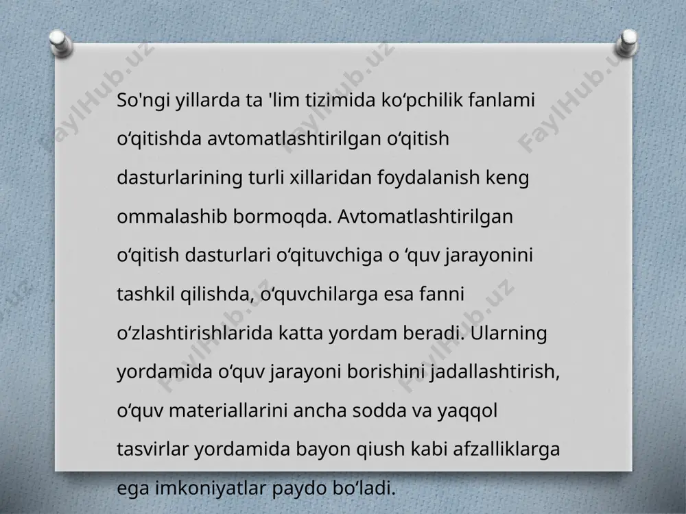 h bo‘yicha /juda ko'plab autocad, topcad, jcad, 3d-graf, kdmaster, kомпас-график, варикон. тефлекс kabi grafik tizimlar kishilaming iimiy va muhandislik faoliyatining turli sohalarida keng qo‘llanilmoqda. ulardan ta'lim tizimida ommalashgani autocad hisoblanadi. bu yerda detal p tekislik bilan qirqilib, ikkiga: a va в bo’laklarga ajratilgan. fikran в bo‘iak olib qo‘yilgandan keyin a bomakning qirqilgan joyi shtrixlanadi. detaining bosh ko'rinishida ham o‘sha joy shtrixlangan. qirqimlar kesuvchi tekislik detalni teng ikki qismga ajratsa, kesuvchi tekislik izi chizmada ko‘rsatilmaydi (2.3.9 - chizma, c). detaining qismidagi teshikni qirqib ko‘rsatish joiz boisa, kesuvchi tekislik izi uzuq chiziqlar bilan ko‘rsatiladi va qirqim a-a kabi belgilanadi (2.3.10-chizma ) autocad shuningdek mamlakatimizda va chet ellardagi ko‘pchilik korxona va tashkilotlarda loyiha-chizma ishlarini avtomatlashtirishning standartlashtirilgan tizimi sifatida shakllangan. 2002-yilda rossiya maktablarida chizmachilik o‘qitish tarixida birinchi marta o ‘quv-metodik kompleksning tarkibiy qismlaridan biri bo’lgan kompakt-disk (компас 3d lt grafik dasturi) tayyorlanib, sotuvga chiqarildi. diqqatingiz uchun raxmat image5.jpeg image3.jpeg image4.png /docprops/thumbnail.jpeg