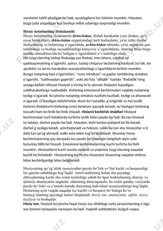 oid bo’lgan, ya'ni ovozning o’zgarishi, mimika, imo-ishora, organizmda sodir bo’ladigan jarayonning qayta o’zgarishidan iborat ixtiyorsiz va ongli harakatlar psixologiyada emosional harakatlarning ekspressiv tomoni deb ataladi. hissiyotlar odatda juft-juft bo’lib uchraydi. masalan, yoqimli- yoqimsiz, xush-noxush, xursand-xafa, g’azab-muhabbat, nafrat kabi ana shunday hissiyotlar sub'ektiv xarakterga ega bo’ladilar, lekin ularning tashqi ifodasi ham bo’ladi. masalan, hushchaqchaq odam bilan g’amgin odamning yuz ifodasini ko’z oldimizga keltirib ko’rish mumkin. aynan mazkur jarayon psixologiyada ambivalentlik yoki ikki taraflamalik deb ataladi. ambivalentlik - lotincha har tomonlama kuchga ega ma'nosini anglatib kishining bir ob'ektning o’ziga nisbatan bir vaqtning o’zida paydo bo’ladigan bir-biriga qarama - qarshi emosional irodaviy holatdir. odamda uchraydigan yuksak ma'naviy hissiyotlar ham o’zining nervfiziologik asosiga ega bo’lishi kerak (chunonchi intellektual, ahloqiy, estetik hissiyotlar). bu jihatdan akademik i.p.pavlovning dinamik streotip haqidagi ta'limoti juda katta ahamiyatga egadir. bu haqda akademik i.p.pavlov shunday deb yozgan edi: "menimcha, ko’pincha odatdagi turmush tartibining o’zgargan paytlarida odat bo’lib, qolgan birorta mashg’ulot yaqin …