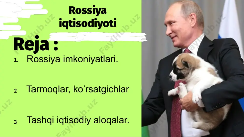 kuchli boylik sifatida tasvirlangan; dunyodagi eng katta tabiiy gaz zahiralariga ega boʻlgani uchun koʻmir zaxiralari boʻyicha ikkinchi, neft zaxiralari boʻyicha sakkizinchi va yevropadagi eng yirik neft zahiralariga ega. rossiya dunyodagi yetakchi tabiiy gaz eksportchisi, ikkinchi yirik tabiiy gaz ishlab chiqaruvchisi, ikkinchi yirik neft eksportchisi va ishlab chiqaruvchisi hisoblanadi. rossiya valyuta zaxiralari boʻyicha dunyoda beshinchi oʻrinda turadi. u qariyb 70 million kishilik ishchi kuchiga ega, bu dunyodagi oltinchi eng yirik ishchi kuchi miqdori hisoblanadi. rossiya qurol eksporti boʻyicha dunyoda ikkinchi oʻrinda turadi. shuningdek, rossiya milliarderlar soni bo‘yicha dunyoda beshinchi o‘rinda turadi. import tovarlari ? 1 avtomobillar va avtomobil qismlari 3 samolotlar va kompyuterlar 2 qadoqlangan dori-darmonlar neft va gaz sektori rossiya federal byudjeti daromadlarining qariyb 40 foizini, 2024-yilda esa eksportining 60 foizini tashkil etdi. 2024-yilda tabiiy resurslar va atrof-muhitni muhofaza qilish vazirligi tabiiy resurslar qiymatini mamlakat yalpi ichki mahsulotining 60 foizigacha baholadi. rossiya yirik iqtisodiyotli mamlakatlar orasida eng past tashqi qarzga …