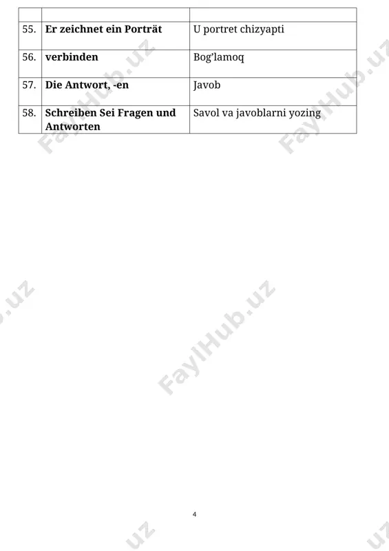 o’rnidan turmoq, (вставать) uyqudan uyg’onmoq 3. ein}laden taklif qilmoq (приглашать) 4. ein}kaufen xarid qilmoq, bozorlik qilmoq (покупать, закупать) 5. ab}fahren jo’nab ketmoq (отъезжать) 6. an}kommen yetib kelmoq (приходить) 7. um}steigen boshqa transportga almashish (пересаживаться) 8. ein}steigen transportga chiqmoq(садиться в машину) 9. aus}steigen transportdan tushmoq (выходить из транспорта) 10. auf}hören to’xtatmoq, tugatmoq 11. zu}machen yopmoq (закрывать) 12. auf}machen ochmoq (открывать) 13. aus}machen o’chirmoq (radio, svet) выключить 14. an}machen yoqmoq (radio, svet) включить 15. mit}kommen birga kelmoq 16. an}flagen boshlamoq (начинать) 17. herein}kommen/ rein}kommen ichkariga kirmoq (входить) 18. heraus}kommen/ raus}kommen tashqariga chiqmoq (выходить) 19. züruck}kommen qaytib kelmoq 20. ab}holen qabul qilib olmoq, kutib olib olib kelmoq 21. vor}beiten tayyorlamoq 22. ab}waschen yuvish orqali tozalash, ketkazish 23. mit}bringen birga olib kelmoq (приносить) 24. auf}räumen tartiblamoq, yig’ishtirmoq, (убирать) 25. an}rufen qo’ng’iroq qilmoq (звонить) 26. auf}hängen ilmoq, osmoq (вешать) 27. aus}leeren idishni bo’shatmoq 28. an}schalten yoqmoq (svet, televizor) 29. aus}schalten o’chirmoq (svet, televizor) 30. weg}gehen …