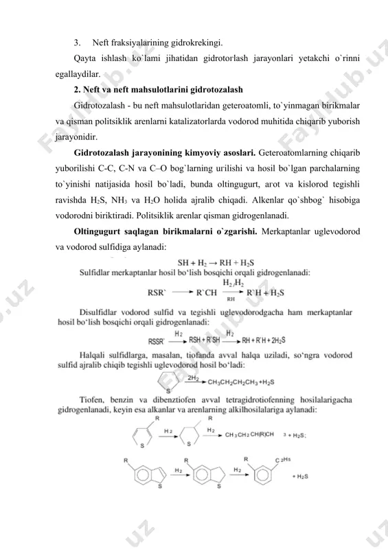 harorat oralig`idagi barcha hollarda reaksiya ichki diffusion sohada sodir bo`ladi. azot saqlagan birikmalarni o`zgarishi. neft mahsulotlarida azot asosan geterotsiklda pirrol va piridinning hosilalari holida saqlanadi. c–n bog`ning gidrogenoliгi c-c bog`inikiga qaraganda qiyinroq amalga oshadi, shuning uchun gidrotozalash jarayonlarida oltingugurtga qaraganda azotni yo`qotish qiyinroq bo`ldi. aminlar eng oson gidrogenlanadi: piridin molekulasidagi ta`sirlashgan elektronli sistema pirrolnikiga qaraganda mustahkamroq bo`lganligi uchun pirrolga qaraganda piridin qiyinroq gidrogenlanadi. bitsiklik va politsiklik arenlarn gidrogenlash geteroatomni saqlagan halqadan boshlanadi: gidrotozalashning odatdagi katalizatorlari ishtirokida azot saqlagan birikmalarning deyarli to`liq gidrogenlanishiga erishiladi. kislorod saqlagan va metallorganik birikmalarning o`zgarishi. neft mahsulotlarining o`rta distillyatli fraksiyalarida kislorod: spirtlar, efirlar, fenollar va naften kislotalar holida uchraydi. yuqori haroratda qaynaydigan fraksiyalardagi kislorod asosan ko`prikchali bog`larda va molekulalarning halqalarida joylashgan. kislorod saqlagan birikmalarning eng ko`p miqdori smola va asfaltenlarda to`planadi. kislorod saqlagan birikmalarning gidrogenlanishidan tegishli uglevodorodlar va suv hosil bo`ladi: smola va asfaltenlar undan ham past molekulali birikmalarga aylanadi. kislorod saqlagan birikmalardan gidrotoгalash oltingugurtli qo`shimchalardan …