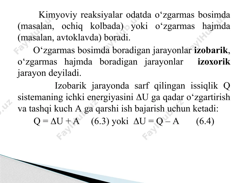 siyaning issiqlik effekti quyidagicha yoziladi. нreaksiya= (cc + dd) - (аa + вb) bunda (cc + dd) - reaksiya mahsulotlarining hosil bo‘lish issiqliklari yig‘indisi. (аa + вb) - reaksiya uchun olingan moddalarning hosil bo‘lish issiqliklari yig‘indisi, а, в, с ва d - moddalarning oldidagi stexiometrik koeffitsentlari. image1.jpeg /docprops/thumbnail.jpeg