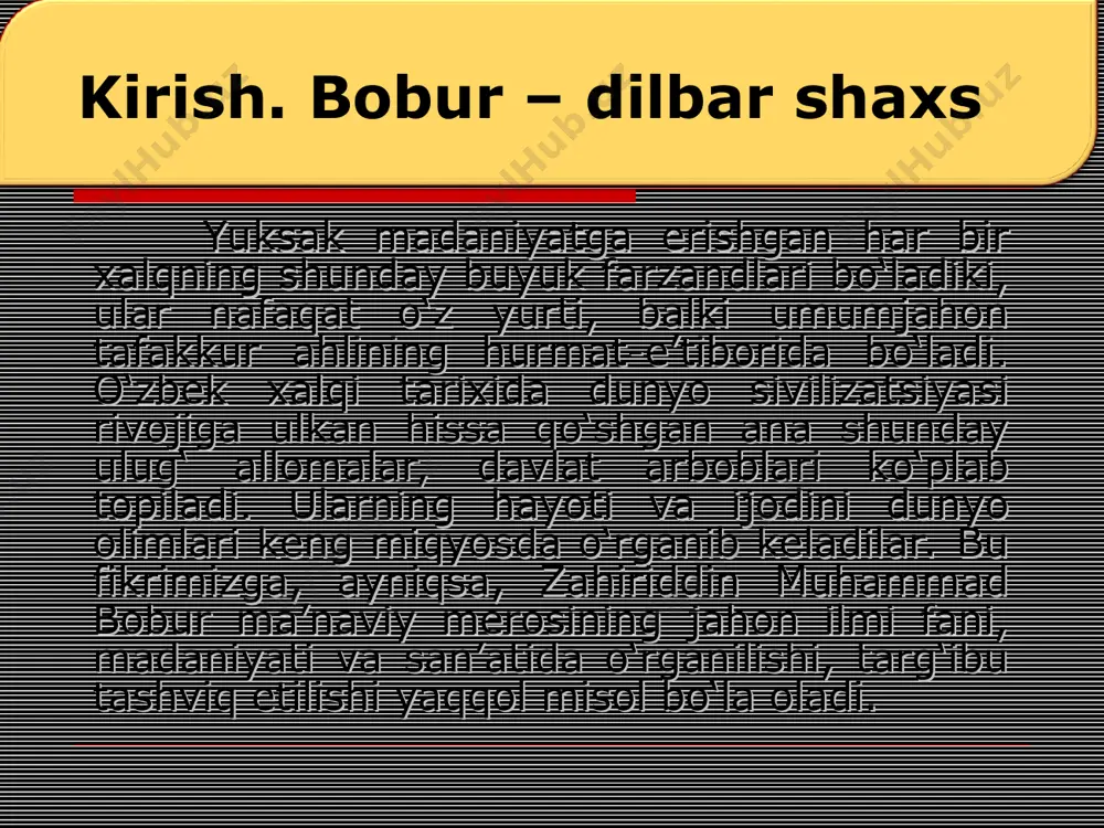 or. she`rlarining umumiy hajmi 400 dan ortadi. shundan 119 g`azal, 231 ruboiy va tuyuq, qit`a, fard, masnaviy kabi janrlarda asarlar yaratilgan. she`rlarini mavzu jihatidan oshiqona, ta`limiy, tasavvufiy, hasbi hol kabi turlarga ajratish mumkin. bobur she`riyati intellektual qalb izhori sifatida arqoqlidir. uning asarlari samimiy, ravon, usluban tugal va mushakkaldir. bobur ruboiy janrini turk adabiyotida dunyoga olib chiqqan shoirdir. * bobur she’riyati. boburning o’zbek tilidagi devoniga 120 ga yaqin g’azal, 210 ruboiy hamda qit’a, fard, tuyuq, masnaviy-nomalar, muammo va masnu’lar o’rin olgan. ular orasida son jihatidan ko’pchilikni g’azal va ruboiylar tashkil etadi. boburning lirik she’rlari an’anaviy g’azal, ruboiy, tuyuq, fard va boshqa janrlarning shakliy xususiyatlarini davom ettirishi bilan bir qatorda o’ziga xos ayrim xususiyatlarga ham ega. bulardan biri ko’pchilik g’azallarning 5-7 baytlik bo’lishidir. ruboiylarda taxallusni ko’proq ishlatish kuzatilsa, tuyuqlarda esa ba’zan qit’a shaklida qofiyalanishlar ham uchraydi. masalan: qilmasa ul oy nazar manga ne tong? tengri tole’ chun manga yorotmadi. o’qi yorar erdi …
