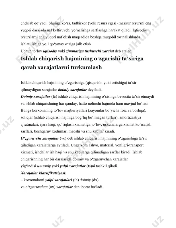 ishiga ta’sir qiladigan xarajatlarga aytiladi. unga xom ashyo, material, yonilg‘i-transport xizmati, ishchilar ish haqi va shu kabilarga qilinadigan sarflar kiradi. ishlab chiqarishning har bir darajasida doimiy va o‘zgaruvchan xarajatlar yig‘indisi umumiy xarajatlar (ts)ni tashkil qiladi. mahsulot birligini ishlab chiqarishga qilinadigan sarf-xarajatlarni hisoblash uchun o‘rtacha umumiy, o‘rtacha doimiy va o‘rtacha o‘zgaruvchi xarajatlar tushunchalaridan foydalaniladi. o‘rtacha umumiy xarajatlar umumiy xarajatlarning ishlab chiqarilgan mahsulot miqdori nisbatiga teng: tc/ q =ac , bu yerda: ac - o‘rtacha umumiy xarajatlar; ts - umumiy xarajatlar; q - ishlab chiqarilgan mahsulot miqdori. o‘rtacha doimiy xarajatlar doimiy xarajatlarning ishlab chiqarilgan mahsulot miqdoriga nisbati bilan aniqlanadi: tfc/ q= afc , bu yerda: afc - o‘rtacha doimiy xarajatlar; tfc - doimiy xarajatlar summasi. o‘rtacha o‘zgaruvchi xarajatlar o‘zgaruvchi xarajatlarni ishlab chiqarilgan mahsulot miqdoriga nisbati bilan aniqlanadi: tfc /q =avc , bu yerda: avc - o‘rtacha o‘zgaruvchi xarajatlar; tvc - o‘zgaruvchi xarajatlar summasi. o‘rtacha umumiy xarajatlarni o‘rtacha doimiy va o‘rtacha o‘zgaruvchi xarajatlarning …