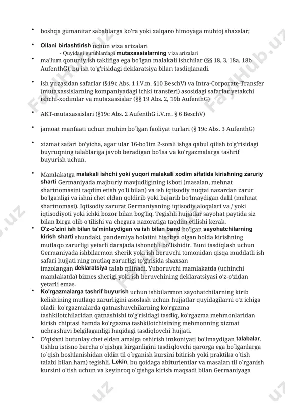 'risidagi deklaratsiyasi (tashrif uchun), shuningdek shaxsiy uchrashuvlarning dalillari (xususan, pasport muhri yoki sayohat hujjatlari yordamida) / aviachiptalar yoki chet elda umumiy yashash joyingizni tasdiqlovchi hujjat (masalan, ro'yxatdan o'tganlik to'g'risidagi guvohnoma). bundan tashqari, fotosuratlar, ijtimoiy tarmoqlar, xat yoki elektron pochta orqali yozishmalar orqali hujjatlashtirish mumkin. · majburiy sabablarga ko'ra: · chet eldan birgalikda sayohat qilgan turmush qurmagan juftliklar tomonidan tashriflar (masalan, to'y, kasallik yoki yaqin qarindoshlarning dafn marosimi). juftlikdan biri germaniya yoki boshqa yevropa ittifoqi fuqarosi, islandiya, lixtenshteyn, norvegiya, shveytsariya yoki buyuk britaniya fuqarosi bo'lishi kerak. · a. old shart - munosabatlar / sheriklik uzoq muddatli, ya'ni. uzoq muddatli va chet elda umumiy yashash joyiga ega. b. dalil sifatida tegishli hujjatlar keltirilishi kerak: birgalikda kirish uchun majburiy sababning yozma bayonoti, ikkala sherikning o'zaro munosabatlar to'g'risidagi deklaratsiyasi (qo'shma kirish uchun), shuningdek mavjud munosabatlarning dalillari, xususan chet elda mavjud bo'lgan qo'shma yashash joyining dalillari (masalan, ro'yxatdan o'tish guvohnomalari); bundan tashqari, fotosuratlar, ijtimoiy tarmoqlar, …