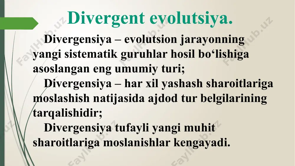 netik yaqin turlarda belgilarning o‘xshashligi, gomologik tuzilmalarning mustaqil holda o‘zgarishlari natijasida yuzaga keladigan evolutsiyadir. har xil turlarning bir xil genlarida o‘xshash mutatsiyalar paydo bo‘lishi parallelizmga sabab bo‘ladi. vavilov nikolay ivanovich parallelizm hodisasini n. i. vavilov irsiy o‘zgaruvchanlikning gomologik qatorlari qonunida tavsiﬂab beradi. mazkur qonunga muvoﬁq, bir-biriga qarindosh turlar irsiy o‘zgaruvchanlikning o‘xshash qatorlari bilan ta’riﬂanadi. shuning uchun o‘xshash belgilar bir-biriga qarindosh turlarda mustaqil – parallel holda hosil bo‘ladi. konvergent evolutsiya kelib chiqishi jihatidan uzoq guruhlar (kenja sinf, sinf, tip) organizmlarning o‘xshash belgilarga ega bo‘lishi bilan ifodalanadigan evolutsion o‘zgarish turi; evolutsion o‘zgarishlarning bunday tirida qarindosh bo‘lmagan turlarning o‘xshash tashqi muhit ta’siriga moslanishlari natijasi hisoblanadi; konvergent o‘zgarishlar aynan bir xil tashqi muhit omillari bilan bevosita bog‘langan organlarda yuz beradi. konvergent o‘xshashlik sistematik jihatdan bir-biridan ancha uzoq turgan guruhlarda ham kuzatiladi konvergent rivojlanishga akulalar (birlamchi suv hayvonlari), ixtiozavrlar va kitsimonlar (ikkilamchi suv hayvonlari) tana shaklining o‘xshashligini misol qilib keltirish mumkin. ammo umurtqalilarning bu guruhlari …