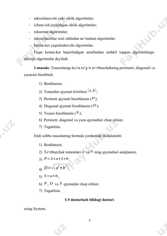 line("to'g'ri to'rtburchakning diagonali:"+d); console.writeline("to'g'ri to'rtburchakning yuzasi:"+s); } } c# dasturlash tilidagi dasturi using system; class helloworld { static void main() { int a,b,c; double r,r,s,p; console.writeline("uchburchakning tomonlari a, b, c qiymatlarni kiriting:"); console.write("a="); a = convert.toint32(console.readline()); console.write("b="); b = convert.toint32(console.readline()); console.write("c="); c = convert.toint32(console.readline()); p = (a+b+c)/2; // yarim perimetr s = math.sqrt(p*(p-a)*(p-b)*(p-c)); // geron formulasi r = 2*s/(a+b+c); r = (a*b*c)/(4*s); console.writeline("ichki radius:"+r); console.writeline("tashqi radius:"+r); } } mustaqil bajarish uchun topshiriqlar 1) ikkita va son berilgan. ushbu sonlarning yig‘indisi, ayirmasi, ko‘paytmasi va bo‘linmasini chop qiluvchi blok-sxemani tuzing. 2) kubning qirrasi berilgan. uning hajmini va yon tomoni yuzasini hisoblovchi blok-sxema tuzilsin: ; . 3) to‘g‘ri burchakli uchburchakning katetlari va berilgan. uchburchakning gepatenuzasi va yuzi ni hisoblovchi blok-sxema tuzilsin: ; . 4) ikkita haqiqiy musbat son berilgan. shu sonlarning o‘rta arifmetigini va o‘rta geometrigini aniqlovchi blok-sxema tuzilsin: ; . 5) , haqiqiy sonlar berilgan. quyidagini hisoblovchi blok-sxema tuzilsin: . c# da …
