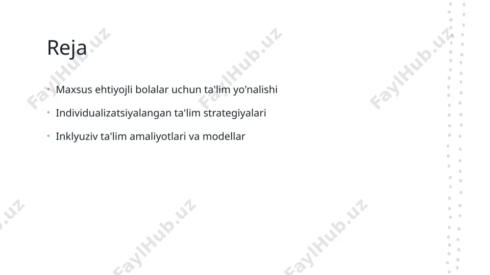 ishlab chiqilgan. bu dasturlar o'quvchilarning individual ehtiyojlarini hisobga oladi va zarur qo'llab-quvvatlashni taqdim etadi. 02 inklyuziv maktablar inklyuziv maktablar maxsus ehtiyojli bolalar uchun qo'shimcha imkoniyatlar yaratadi. bu maktablarda o'qituvchilar maxsus tayyorgarlikdan o'tishadi, shuning uchun har bir bola o'z imkoniyatlarini rivojlantira oladi. 03 o'qituvchi treninglari o'zbekistonda o'qituvchilarni maxsus ehtiyojli bolalar bilan ishlashga tayyorlaydigan treninglar o'tkaziladi. bu treninglar individual yondashuvlarni qo'llashda muhim ahamiyatga ega. 04 mahalliy hamkorlik ta'lim muassasalari va mahalliy jamoalar o'rtasida hamkorlik maxsus ehtiyojli bolalarga yordam berish uchun muhimdir. jamoa resurslari va tajribalaridan foydalanish ta'lim sifatini oshiradi. maxsus ehtiyojli bolalar uchun individual ta'lim rejalashtirish jarayoni. 1 individual ta'lim rejalashtirish maxsus ehtiyojli bolalar uchun individual ta'lim rejalashtirish jarayoni, o'quvchilarning o'ziga xos qobiliyatlari va ehtiyojlariga mos ravishda amalga oshiriladi. 2 o'quv dasturi o'quv dasturi individual ta'lim rejalashtirishda muhim rol o'ynaydi. har bir bola uchun maxsus tayyorlangan materiallar va metodlarni o'z ichiga oladi. 3 izlanish va baholash ta'lim jarayonida izlanish va baholash, bolalarning …