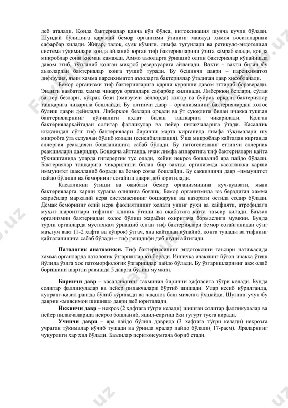 qo'l berib ko'rishish, uni parvarish qilish; b) vositali muloqot – bemor foydalangan yoki uni yaqinida bo'lgan turli buyumlarga qo'l urish. kasallik muloqot bilan yuqqanda bemorlar soni asta-sekin ko'paya boradi. tif suv orqali yuqqanda to'satdan ko'p odam kasallanadi (suv epidemiyasi). ifloslangan suvdan ishlatish cheklansa, kasallanish xam kamayadi. tif oziq -ovqatdan (sutdan) yuqqanida kasallanish birdaniga ko'payadi (sut epidemiyasi). bu xodisa kasalxonalarda, bog'chalarda uchraydi. kasallik yoz, kuz mavsumida ko'p uchraydi. kasallikni tarqalashida pasha katta rol o'ynaydi. qorin tifi bilan kasallangandan so'ng umrbod immunitet qoladi. patogenezi. og'iz orqali kirgan bakteriyalar oshqozondan o'tib, ingichka ichakka kiradi. ularni bir kismi ahlat bilan tashqariga chiqariladi. qolganlari esa ichak shilliq pardasidagi limfoid tugunlar (solitar follikulalar) va peyer pilakchalariga kirib, u erda tez ko'payadi. shu davrdan boshlab organizmda ximoya reaktsiyasi boshlanadi. limfa to'qimalar yallig'lanishi natijasida giperplaziyaga uchraydi. bu davrni – tif bakteriyasini organizmga kiritish davri deb ataladi. ikkinchi davr – limfangoit va limfadenit davri deb ataladi. bakteriyalar limfa tugunlariga …