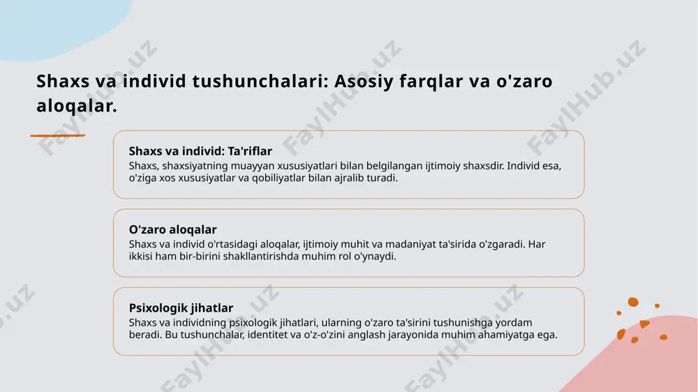 ilan aloqalar orqali amalga oshdi. bu, o'ziga xos identifikatsiyani ta'minlaydi. 3 zamonaviy o'zgarishlar bugungi kunda globalizatsiya va ijtimoiy o'zgarishlar shaxsiyatni yangi darajalarga olib chiqmoqda. o'zbek yoshlari zamonaviy qadriyatlarni anglab, o'z shaxsiyatini rivojlantirmoqda. individlik va shaxsiyat: o'zbek jamiyatidagi o'zaro ta'sir. individlik va shaxsiyat o'zaro ta'sir o'zbek jamiyatida muhim ahamiyatga ega. o'zbek madaniyatida shaxsiyat, individualni shakllantirishda ijtimoiy va madaniy omillar kuchli rol o'ynaydi. shaxsiyat va individning o'zaro bog'liqligi shaxsiy identifikatsiya va ijtimoiy aloqalarga ta'sir qiladi. - ijtimoiy normativlar shaxsiyatni belgilaydi. - madaniy an'analar individning o'ziga xosligini shakllantiradi. photo by hans vivek on unsplash o'zbek an'analari va shaxsiyat shakllanishidagi roli. o'zbek an'analari o'zbek an'analari, milliy identifikatsiyani shakllantirib, shaxsiyatning asosiy elementlarini belgilovchi qadimiy urf-odatlar va qoidalarni o'z ichiga oladi. shaxsiyatni shakllantirish an'analar shaxsiyatni shakllantirishda muhim rol o'ynaydi, chunki ular odamlarning xulq-atvorini va ijtimoiy munosabatlarini belgilovchi me'yorlarni ta'minlaydi. zamonaviy qarashlar bugungi kunda o'zbek an'analari va zamonaviy qarashlar o'rtasidagi muvozanat, shaxsiyat shakllanishida o'zaro ta'sir va rivojlanishni …
