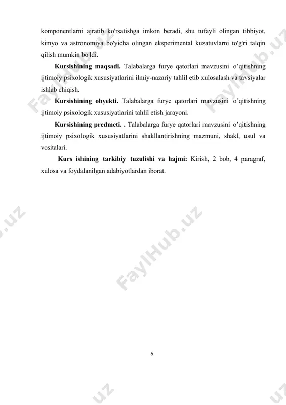 oritmini ko‘rib chiqdik. algoritm yordamida jismoniy voqelikdan matematik tushunchalarning kelib chiqish shartlarini aniqlashga asoslangan mazmunli umumlashtirish amalga oshiriladi. bu usul matematikani o'rganishga bo'lgan motivatsiyani kuchaytirish, ta'limning kasbiy yo'nalishi va o'quvchilar bilimidagi rasmiyatchilikni bartaraf etish, fizik hodisalarni matematik modellashtirish ko'nikmalarini egallash uchun sharoit yaratadi davri 2  dan iborat bo`lgan f(x) funktsiya berilgan bo`lsin. yig`indisi f(x) bo`lgan quyidagi yaqinlashuvchi trigonometrik qatorni topish talab qilinsin: a0  a 2 1 cos x  b1 sin x  ...  an cos nx  bn sin nx  ... (1) agar bu masalaning yechimi mavjud bo`lsa, bu yechim yagona bo`lib, (1) qatorning koeffisiyenti eyler – furye formulalari yordamida topiladi: a  1 n    f x  cos nxdx va b  1 n    f x  sinnxdx (2) hosil bo`lgan (2) qatorga f (x) funktsiya uchun furye qatori deyiladi. 𝑎0 + ∑∞ (𝑎 𝑐𝑜𝑠𝑛𝑥 + 𝑏 𝑠𝑖𝑛𝑛𝑥) …