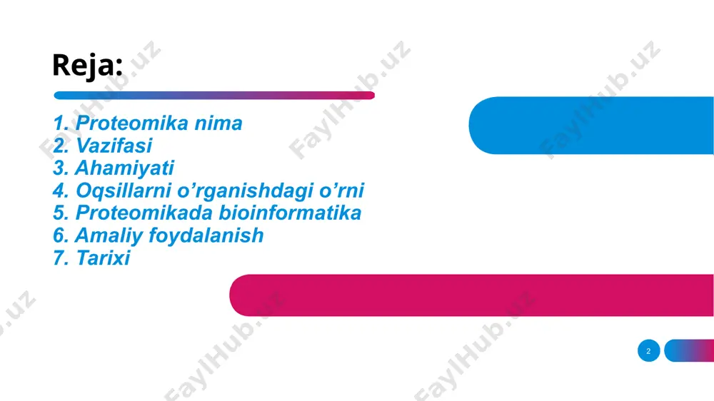 bo’ldi. 6 6 proteomikada bioinformatika 05 proteomikada bioinformatika mass-spektrometriya va chiplardan foydalanib, siz oqsil bo'laklari haqida ma'lumot olishingiz mumkin, ammo butun protein haqida emas. shu munosabat bilan, mass-spektrometriya va chiplarning parcha-parcha ma'lumotlari asosida ushbu bo'laklardan deyarli to'liq yig'ilgan oqsillar to'g'risidagi ma'lumotlarni taqdim etadigan dasturlar yaratildi. ushbu dasturlar uniprot va prosite ma'lumotlar bazalaridan ma'lum oqsillar bilan fragmentlarni moslashtirishga asoslangan. biomarker oqsillarini o'rganish uchun bioinformatikaning hisoblash usullari faol qo'llaniladi. shunday qilib, kompyuter modellari yordamida homiladorlik davrida onaning tanasi va homila o'rtasida intensiv oqsil almashinuvini ko'rsatish mumkin va tahlil qilish uchun onadan faqat invaziv bo'lmagan qon namunalarini olish kifoya. 7 7 большое изображение amaliy foydalanish 06 ko'pgina dorilar oqsillarning o'zi yoki maxsus oqsillarga ta'sir qiladi. shuning uchun proteomikani dori vositalarini ishlab chiqish bilan shug'ullanadigan mutaxassislar qabul qildilar[uz]. aksariyat farmatsevtika kompaniyalarida proteomika bo'limi yoki proteomikaga ixtisoslashgan hamkor kompaniya mavjud. proteomika usullari ishlab chiqilgan dori vositalarining maqsadlarining haqiqiyligini tasdiqlash, biomarkerlarning samaradorligini aniqlash, dori ta'sir mexanizmini …
