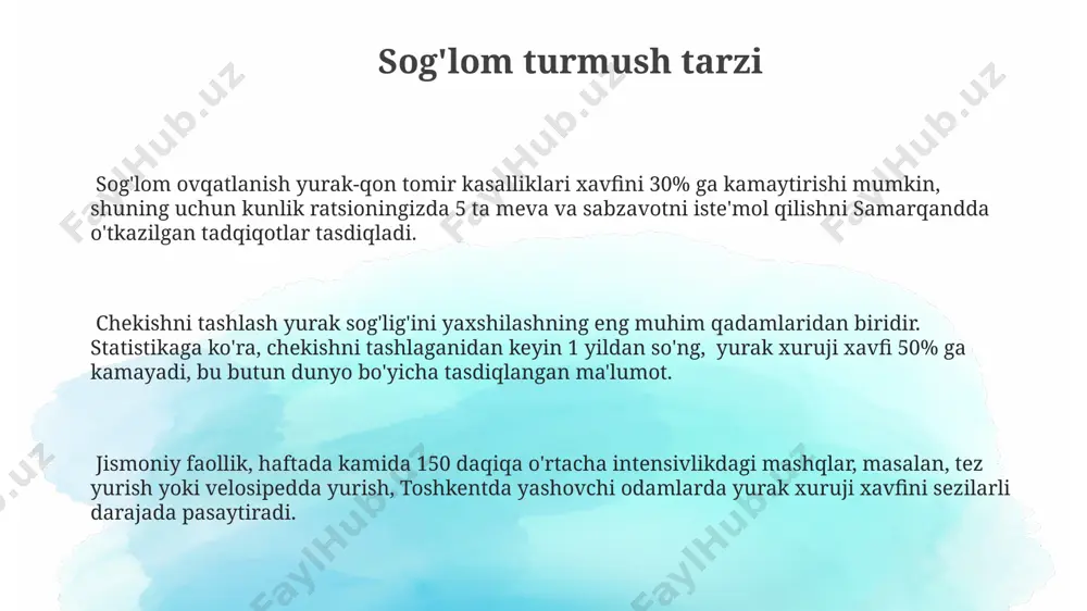 kazilgan tadqiqotlarda aniqlangan. semirish, ayniqsa, bel atrofidagi yog' miqdorining ortishi, yurak-qon tomir kasalliklari xavfini 2-3 baravar oshirishi mumkin, bu esa o'zbekiston aholisi orasida ham keng tarqalgan muammo hisoblanadi. oziqlanish mediterranean dietasi kabi o‘simlik mahsulotlariga boy oziqlanish, yurak-qon tomir kasalliklari xavfini 15% ga kamaytirishi mumkinligi ilmiy tadqiqotlar bilan tasdiqlangan va bu butun dunyo bo‘ylab qabul qilingan. kuniga 5 marta meva va sabzavot iste’mol qilish, qozog‘iston va o‘zbekiston kabi markaziy osiyo mamlakatlarida yurak-qon tomir kasalliklari bilan bog‘liq o‘lim hollari sonini 20% gacha kamaytirishi mumkin. oziqlanishdagi yog‘larning 30% dan ortig‘i to‘yingan yog‘lar bo‘lsa, yurak kasalliklari xavfi 2 barobar ortadi, bu esa dunyoning ko‘pgina rivojlangan mamlakatlarida, jumladan, aqshda kuzatilgan. davolash usullari o'zbekistondagi ba'zi klinikalarda yurak klapanlarini almashtirish operatsiyasi 95% muvaffaqiyat darajasiga erishgan va bemorlarning 80% dan ortig'i keyingi 5 yil ichida sog'lom hayot kechirishadi. yurak yetishmovchiligini davolashda ace inhibitörlari, masalan, enalapril yoki ramipril kabi dori-darmonlar qon bosimini pasaytiradi va 50 yoshdan oshgan bemorlarda yurak …