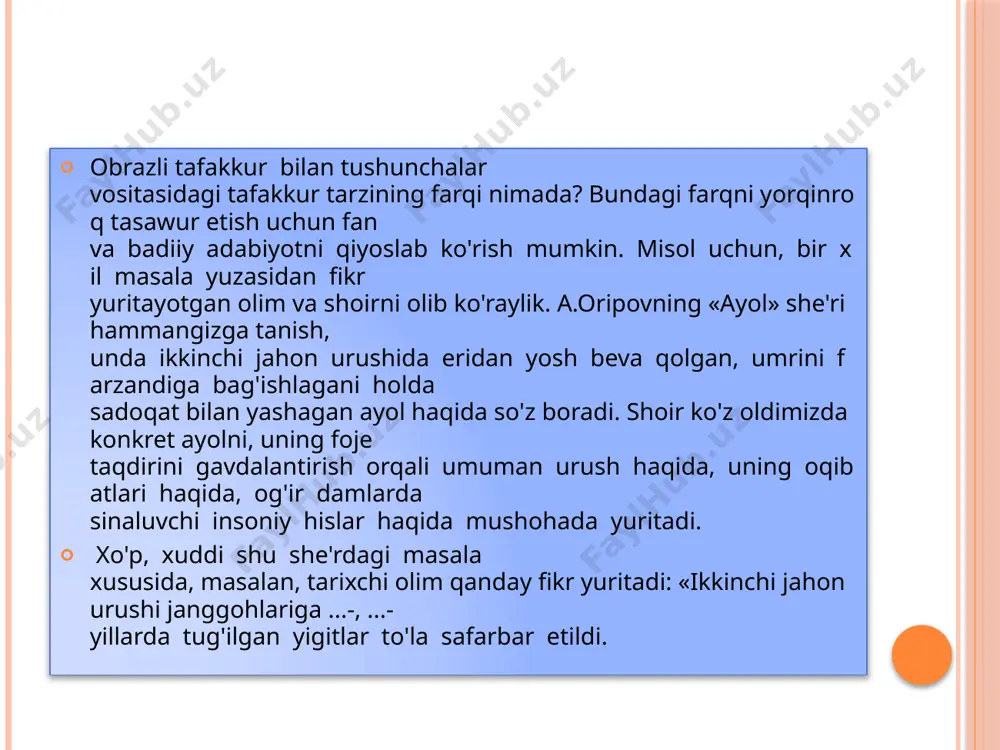 kerak emas. boshqacha qilib aytganda, adabiyotda tipik alomatlar o‘ziga xos belgilar orqali ifodalanadi, kishilarning tiplari esainsoniy xarakterlar vositasida hosil bomadi. adabiy asar yaxlitligi mavzu va g’oya adabiy asar yaxlitligi bar bir adabiy asar o‘zida hayotning yaxlit, bir butun manzarasini gavdalantiradi (epik va dramatik asarlar) yoki qandaydir yaxlit, muayyan, oniy his-tuyg‘uni ifodalaydi (lirikasarlar). shutting uchun ham, badiiy asarni o‘ziga xos, cheklangan bir olam deb atash mumkin. hatto adabiyotning “ lliada”, “xamsa”, “urush va tinchlik” singari eng buyuk namunalari ham ma'lum chegaraga ega. ularda bizning ko‘z o‘ngimizda u yoki bu hamda xuddi shu bosqichni tasvirlovchi voqealar va kishilar ko'rsatiladi. gcgel badiiy asar mazmunining bu tomonini quyidagi tarzda tushuntirgan: “dramada qandaydir xatti-harakat mazmuniylik vazifasini bajaradi; drama bu harakatning qanday sodir bolganligini ko‘rsatishi kerak. lekin kishilar juaa ko‘p ish qiladilar, o'zaro gaplashadilar, boshqa vaqtda esa ovqat yeydilar, uxlaydilar, kiyinadilar, qandaydir so'zlarni aytadilar va h.k. biroq kishilaming mazkur ishlaridan dramaning haqiqiy mazmunini tashkil etuvchi xatti- …