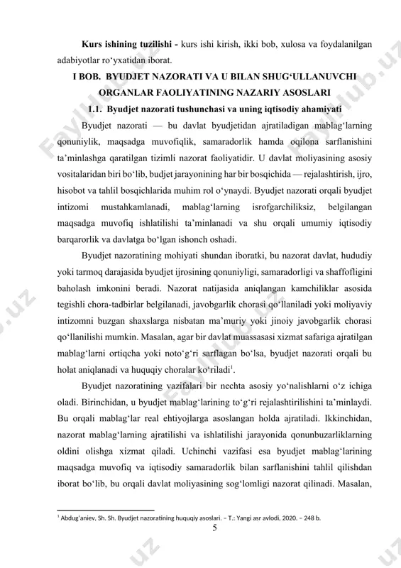 tni olib boruvchi subyekt va vaqt omiliga ko‘ra farqlanadi. asosiy shakllar quyidagilardan iborat: oldindan nazorat – byudjet mablag‘larini ajratishdan oldin olib boriladigan nazorat turi bo‘lib, rejalashtirish bosqichida yuzaga keladigan xatoliklarni aniqlash va ularni bartaraf etishga qaratilgan. bu shakl yordamida resurslar noto‘g‘ri taqsimlanishining oldi olinadi[footnoteref:2]. [2: abdurahmonov, q.x. davlat moliyasining nazariy va amaliy masalalari. – t.: iqtisod-moliya, 2019. – 312 b.] joriy nazorat – mablag‘lar ishlatilayotgan jarayonda amalga oshiriladi. bunday nazorat orqali byudjet mablag‘larining real vaqt rejimida qanday sarflanayotganini kuzatish mumkin. bu turdagi nazorat ko‘proq ichki audit xizmatlari yoki moliyaviy bo‘limlar tomonidan olib boriladi. keyingi (yakuniy) nazorat – bu mablag‘lar sarflanib bo‘linganidan so‘ng amalga oshiriladigan tahliliy nazorat bo‘lib, u orqali byudjet ijrosining umumiy samaradorligi, qonuniyligi va shaffofligi baholanadi. odatda bu shakl hisob palatasi, moliya vazirligi yoki oliy majlis huzuridagi tegishli organlar tomonidan amalga oshiriladi. byudjet nazorati tashqi va ichki nazorat shakllariga ham bo‘linadi. ichki nazorat – davlat organlari va muassasalarning o‘z …