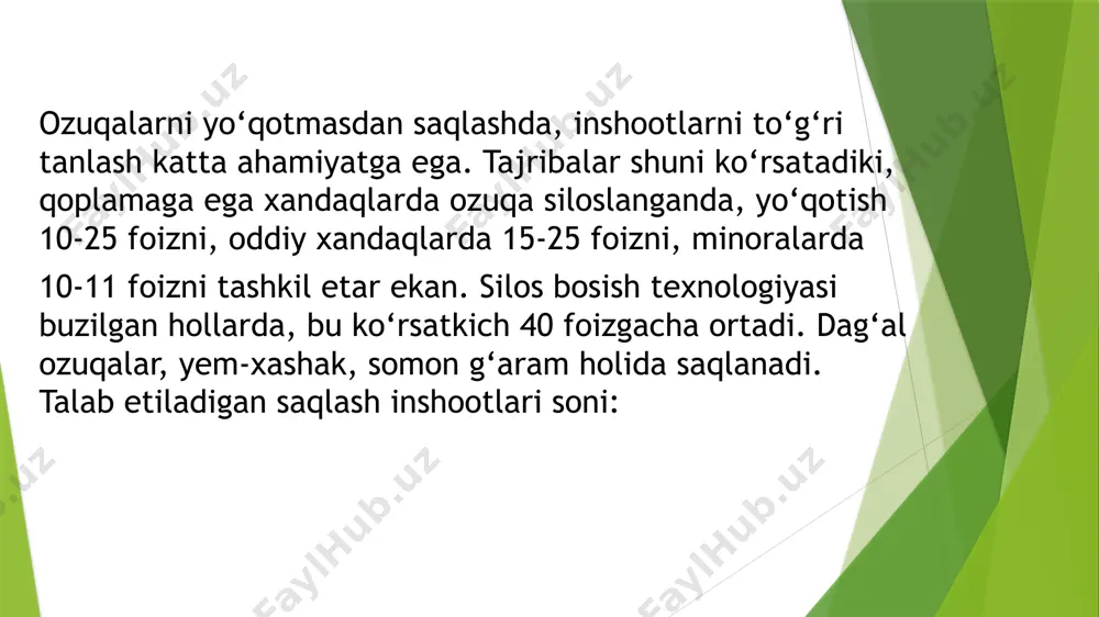 , donli ozuqa 1 foiz qum, 0,004 achchiqmiya, spora va 0,25 foiz randak, qorakuya, mastak bilan zararlangan bo‘lishi mumkin. “rotor-diskli don maydalagich” rdd-100 chorva va parrandalar uchun donli ekinlar: makkajoʼxori, bugʼdoy, arpa, suli va shu kabi boshqa don maxsulotlarini turli o‘lchamlarda maydalashga (yorma sifatida) mo‘ljallangan. takomillashgan mazkur qurilma o‘zining bir qator qulayliklariga ega bo‘lib, 220 v elektr tokida ishlaydi. chorvachilik, parrandachilik, baliqchilik tarmoqlarida hamda uy sharoitida ishlatishga mo‘ljallangan bo‘lib, har tomonlama qulay va energiya tejamkordir. soatiga 230-250 kg don maxsulotini turli o‘lchamlarda maydalash imkoniga ega chorvachilik xo‘jaliklarida presslangan dag‘al ozuqalarni maydalash qurilmalarining yo‘qligi sababli ozuqalar qo‘l kuchi yordamida, ko‘p hollarda maydalanmasdan berilmoqda. ozuqalarni maydalanmasdan berilishi hisobiga ularning 25-30 % gacha qismi chiqitga nushxurtga chiqib ketmoqda. bu esa jamg‘arilgan ozuqadan foydalanish samaradorligining pasayishi va sarf xarajatlarning ortishiga olib kelyapti.tavsiya etilayotganushbuqurilmaqulay, hamyonbopvaishunumiyuqori, ozuqalarnibelgilanganzootexniktalablardarajasidamaydalabberishnita’minlaydi.qishloq xo‘jaligi, chorvachilikka ixtisoslashgan oilaviy va fermer xo‘jalik e’tiboringiz uchun rahmat image1.png image2.png image3.png image4.png image5.png image6.png image7.png image8.png