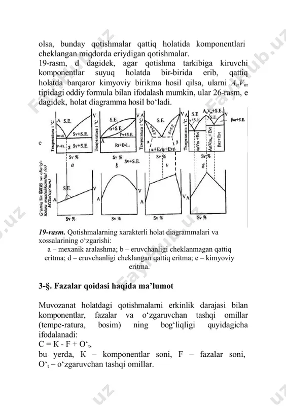 (20-rasm). bu diagrammani tuzishda yuqorida pb-sb qotishmasining holat diagrammasini tuzilganidek, termik analiz materialla-riga asoslanib tuziladi. bunda koordinatalar tizimining ordinata o‘qiga fe, fe3c∗larnini va qotishmalarning tempe-raturasi, abssissa o‘qi bo‘ylab qotishmadagi uglerodning miqdorini qo‘yib chiqiladi. keyin esa ularning kristallana boshlanish va tugash kritik temperaturalari aniqlanib (sovitish egri chiziqlaridan) abssissa o‘qida ularni tegishli uglerod konsentratsiyali joyiga o‘tkazib, kristallana boshlanish va tugash temperaturalarini ko‘rsatuvchi nuqta-larni o‘zaro tutashtirilganda holat diagramma hosil bo‘ladi. diagrammani chap tomonidagi ordinata chizig‘idagi a nuqta temirning suyuqlanish temperaturasini, n va g nuqtalar esa uning allotropik shakl o‘zgarish temperaturasini va o‘ng tomondagi vertikal chiziqdagi d nuqta temir karbidining su-yuqlanish temperaturasini ko‘rsatadi. agar abssissa o‘qidagi 2,14% uglerodni ko‘rsatuvchi nuqtadan vertikal chiziq o‘tkazib, diagrammani ikki qismga ajratsak, chap qismi po‘latlarga, o‘ng qismi esa cho‘yanlarga taalluqli bo‘ladi. ∗fe3c*suyuqlanish temperaturasi 1250oc bo‘ladi. po‘latlarga taalluqli qismini po‘latlar tarkibidagi uglerod miqdoriga ko‘ra evtektoid (c=0,8%), evtektoidgacha (c 4,3%) cho‘yanlarga ajratiladi. 20-rasm. temir-uglerod qotishmalarining holat diagrammasi. diagrammani abcd chizig‘i kristallana …