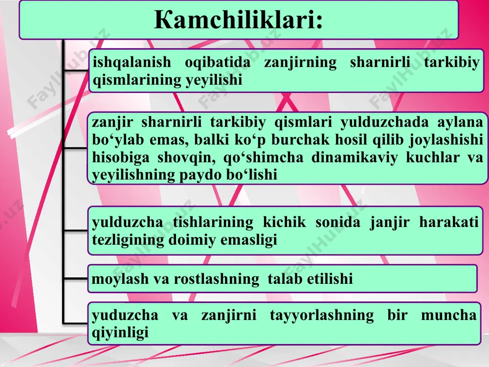 yuklamalarni va uzatmadagi shovqinni kamaytirish imkonini beruvchi istiqbolli tadbirlardan hisoblanadi. zanjir va yulduzchalar uchun ishlatiladigan materiallar to‘g‘risidagi to‘liq tavsiya ma’lumotlarni tegishli ma'lumotnomalar va maxsus adabiyotlardan topish mumkin. zanjirli uzatmalardagi kuchlar zanjirli uzatmaning kuch tarhi tasmali uzatmalardagi kuch tarhiga o‘xshashdir. zanjirli uzatmalarda ham f1 va f2 - yetakchi va yetaklanuvchi tarmoqlardagi taranglik kuchlri; ft - aylana kuch; f0 - dastlabki taranglik kuchi; fv - markazdan qochma kuchlardan hosil bo‘ladigan taranglik kuchi farqlanadi. tasmali uzatmalarga o‘xshash yulduzchalardagi aylana kuchining qiymati, n: zanjirli uzatmalardagi dastlabki taranglik kuchini zanjir erkin (salt) tarmog‘i og‘irlik kuchi sifatida aniqlash qabul qilingan: 6-rasm. zanjir zvenolaridagi kuchlar epyurasi yetaklanuvchi tarmoqning taranglik kuchi f2 dastlabki taranglik kuchi f0 yoki markazdan qochma kuchlardan hosil bo‘ladigan fv kuchlarning qaysi biri katta bo‘lsa, o‘shanisiga teng bo‘ladi: yoki yulduzcha vallariga ta’sir ko‘rsatadigan kuch: zanjirli uzatma kinematikasi va dinamikasi zanjirning notekis harakati va tebranishi. zanjirning bir muncha og‘ir bo‘lishi va unda solqilikning mavjudligi harakatdagi uzatmada …