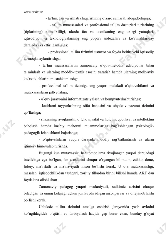 atta san`atdir. bu san`atga u yoki bu pedagog osongina, o`z-o`zidan erisha olmaydi. shuning uchun, o`qituvchilik kasbiga, ya`ni sog`lom avlod uchun chinakam murabbiy bo`lishga havasi, ishtiyoqi zo`r, zamon talablarini tez va chuqur tushunadigan, o`zining ilmiy, ijtimoiy-siyosiy saviyasini, pedagogik mahoratini izchillik bilan amalga oshirib boruvchi, mustaqillik g`oyasi va mafkurasi bilan puxta qurollantirilgan, haqiqiy vatanparvar va mehnatsevar kishilargina erisha oladilar. pedagogik mahorat tug`ma talant yoki nasldan-naslga o`tuvchi xususiyat emas, balki uning negizida izlanish va ijodiy mehnat yotadi. shuning uchun ham pedagogik mahorat hamma o`qituvchilar uchun standart, ya`ni bir qolipdagi ish usuli emas, balki u har bir o`qituvchining o`z ustida ishlashi, ijodiy mehnati jarayonida tashkil topadi va rivojlanadi. bu jarayonda ilg`or o`qituvchining pedagogik mahorati va tajribalarini boshqa o`qituvchi o`rganishi, undan ijodiy foydalanishi va o`z faoliyatini ilgor tajribalar bilan boyitishi zarur. o`qituvchining pedagogik mahorati, asosan, sinfda, auditoriya mashg`ulotlarida yaqqol ko`rinadi. chunki o`quv mashg`ulotlari o`zining mazmun va mohiyatiga ko`ra o`qituvchining o`quv yurtidagi asosiy ishidir. shuning uchun …
