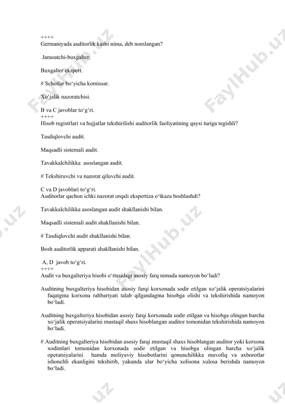 ing qaysi turiga tegishli? tasdiqlovchi audit. maqsadli sistemali audit. tavakkalchilikka asoslangan audit. # tekshiruvchi va nazorat qiluvchi audit. c va d javoblari to‘g‘ri. auditorlar qachon ichki nazorat orqali ekspertiza o‘tkaza boshlashdi? tavakkalchilikka asoslangan audit shakllanishi bilan. maqsadli sistemali audit shakllanishi bilan. # tasdiqlovchi audit shakllanishi bilan. bosh auditorlik apparati shakllanishi bilan. a, d javob to‘g‘ri. ++++ audit va buxgalteriya hisobi o‘rtasidagi asosiy farq nimada namoyon bo‘ladi? auditning buxgalteriya hisobidan asosiy farqi korxonada sodir etilgan xo‘jalik operatsiyalarini faqatgina korxona rahbariyati talab qilgandagina hisobga olishi va tekshirishida namoyon bo‘ladi. auditning buxgalteriya hisobidan asosiy farqi korxonada sodir etilgan va hisobga olingan barcha xo‘jalik operatsiyalarini mustaqil shaxs hisoblangan auditor tomonidan tekshirishida namoyon bo‘ladi. # auditning buxgalteriya hisobidan asosiy farqi mustaqil shaxs hisoblangan auditor yoki korxona xodimlari tomonidan korxonada sodir etilgan va hisobga olingan barcha xo‘jalik operatsiyalarini hamda moliyaviy hisobotlarini qonunchilikka muvofiq va axborotlar ishonchli ekanligini tekshirib, yakunda ular bo‘yicha xolisona xulosa berishda namoyon bo‘ladi. …